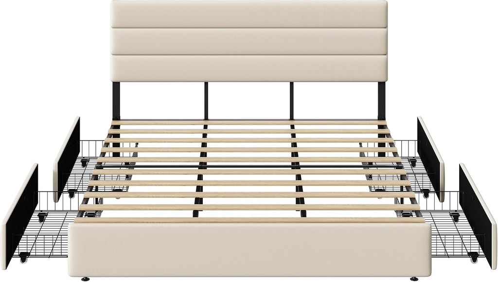 WLIVE King Size Upholstered Bed Frame with 4 Storage Drawers and Headboard, Velvet Platform Bedframe, Sturdy Metal & Wooden Slats Support, No Box Spring Needed, Easy Assembly, Beige