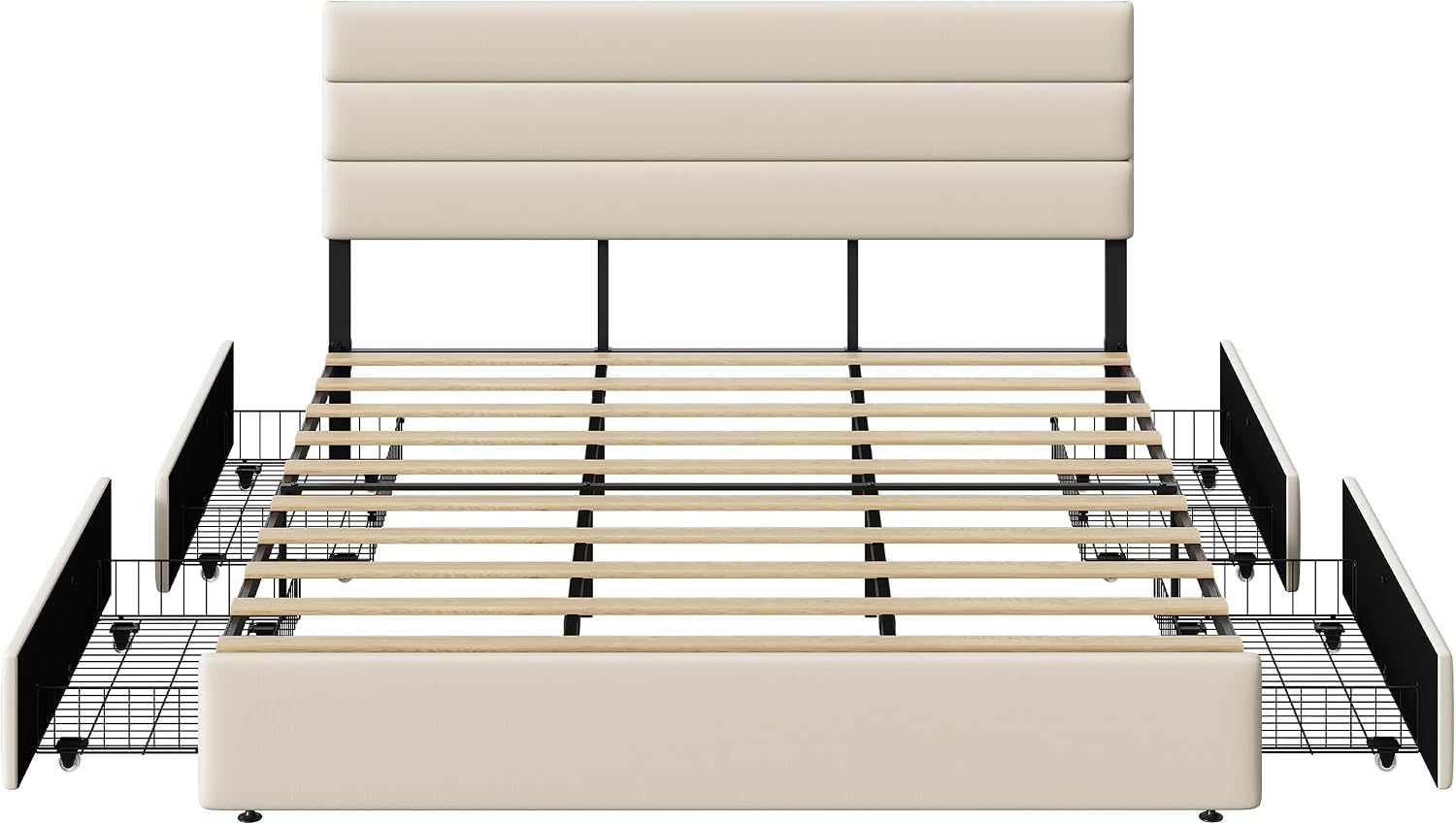 WLIVE King Size Upholstered Bed Frame with 4 Storage Drawers and Headboard, Velvet Platform Bedframe, Sturdy Metal & Wooden Slats Support, No Box Spring Needed, Easy Assembly, Beige