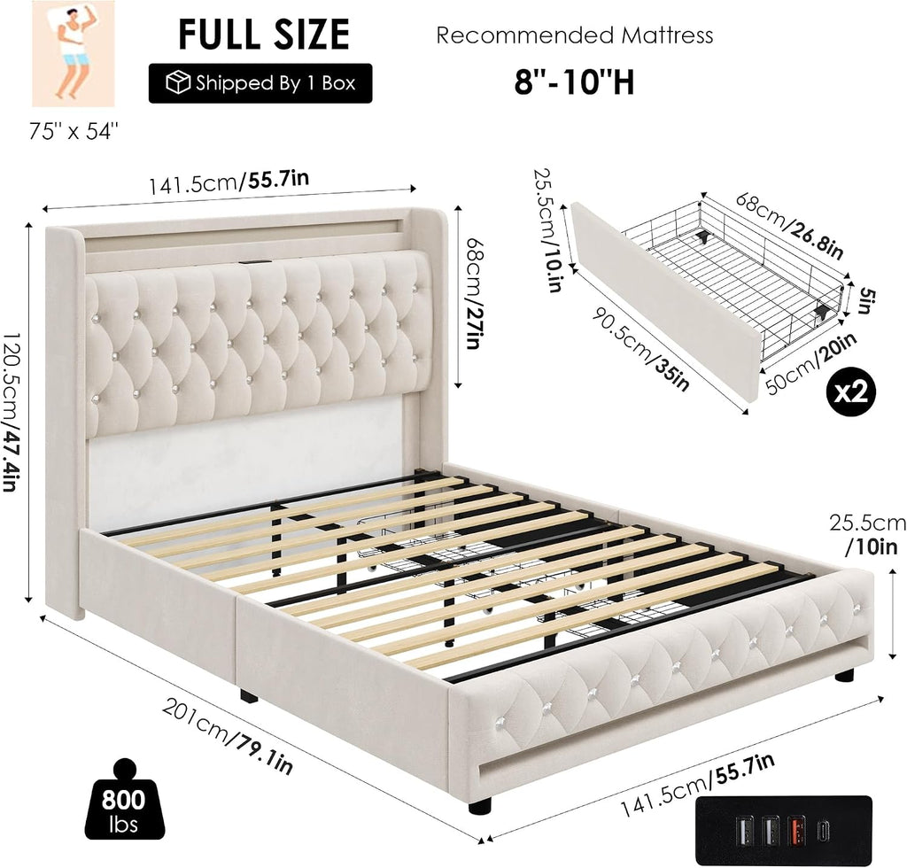 HIFIT Full LED Bed Frame with Charging Station and 2 Storage Drawers, Velvet Upholstered Platform Bed with Handcrafted Crystal Button Wingback Headboard, Metal Frame with No Box Spring Needed, Beige