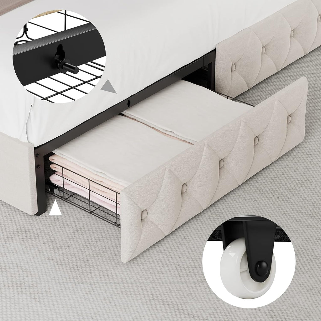 Keyluv Full Upholstered LED Bed Frame with 4 Drawers, Velvet Platform Storage Bed with Adjustable Button Tufted Headboard and Solid Wooden Slats Support, No Box Spring Needed, Beige
