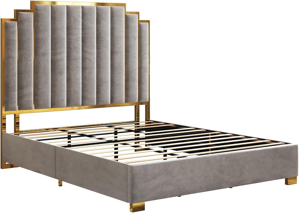 AMERLIFE California King Size Upholstered Bed, Modern Velvet Bed Frame with 65.4' Tall Gold Trim Headboard, No Box Spring Needed, Grey