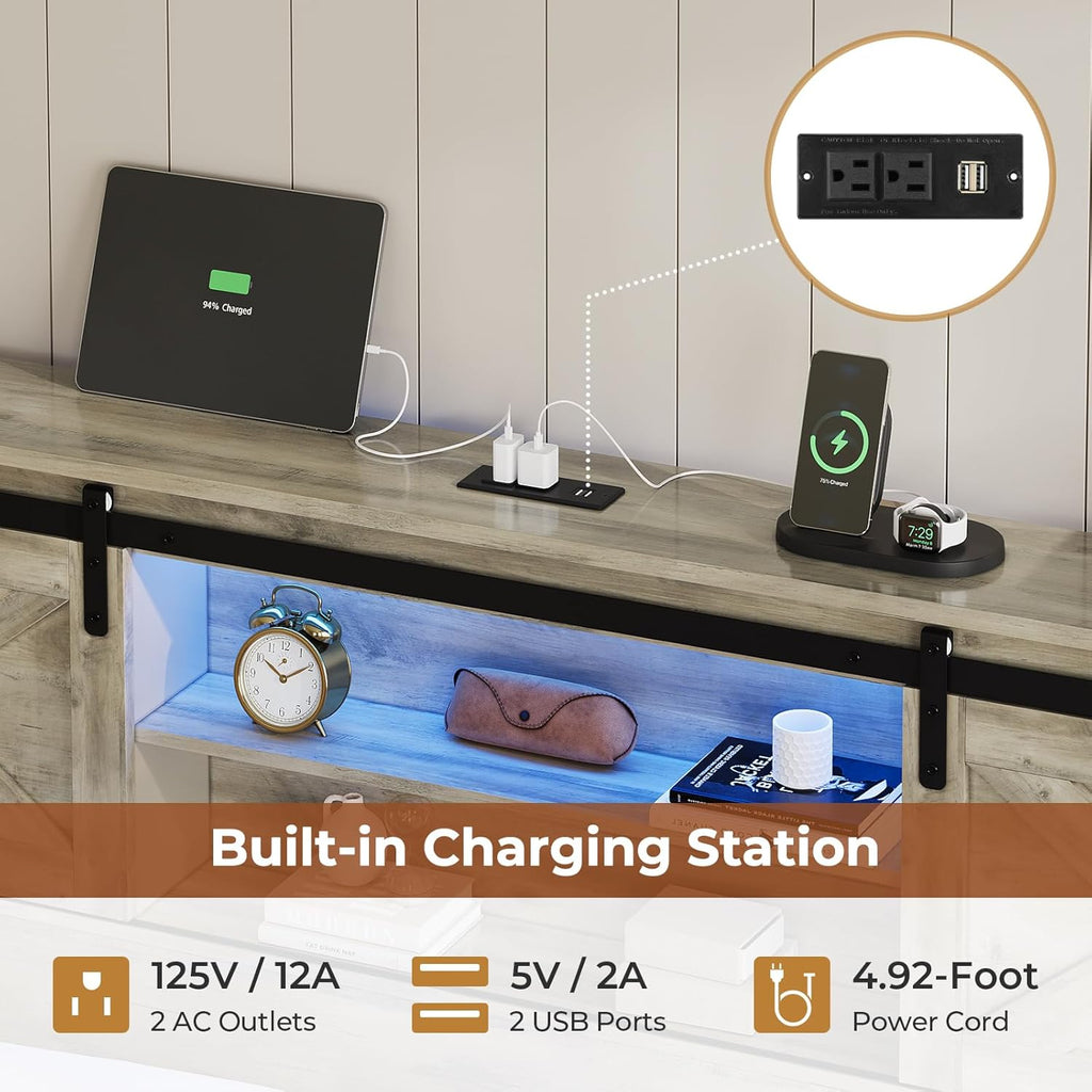 Hasuit Farmhouse Bed Frame King Size with 4 Storage Drawers, Wooden Platform King Beds with Charging Station and LED Lights, Rustic Bed with Storage Headboard and Sliding Barn Door