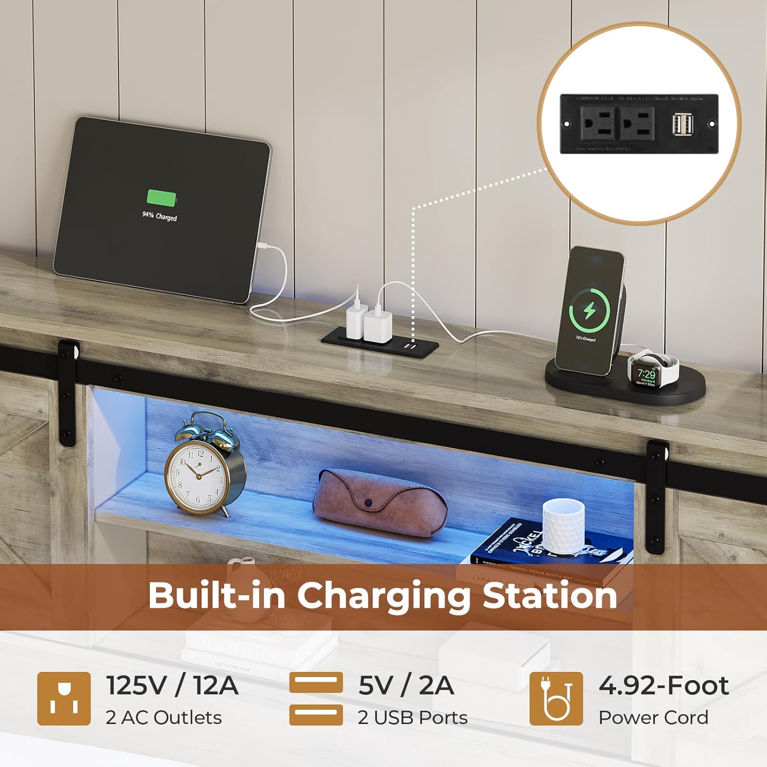 Hasuit Farmhouse Bed Frame King Size with 4 Storage Drawers, Wooden Platform King Beds with Charging Station and LED Lights, Rustic Bed with Storage Headboard and Sliding Barn Door