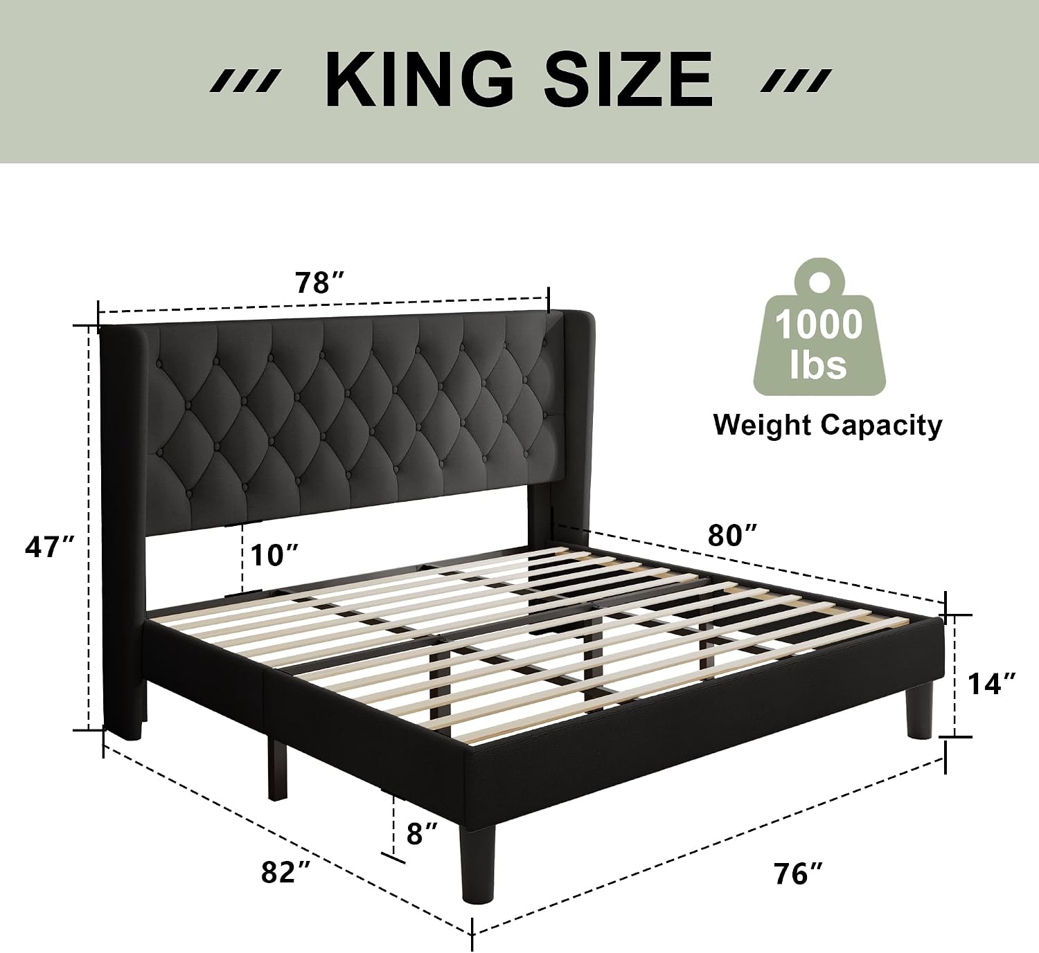 Feonase King Size Bed Frame with Wingback Tufted Headboard, Upholstered Platform Bed Frame with Heavy Duty Wooden Slats Support, Noise-Free, No Box Spring Needed, Easy Assembly, Black