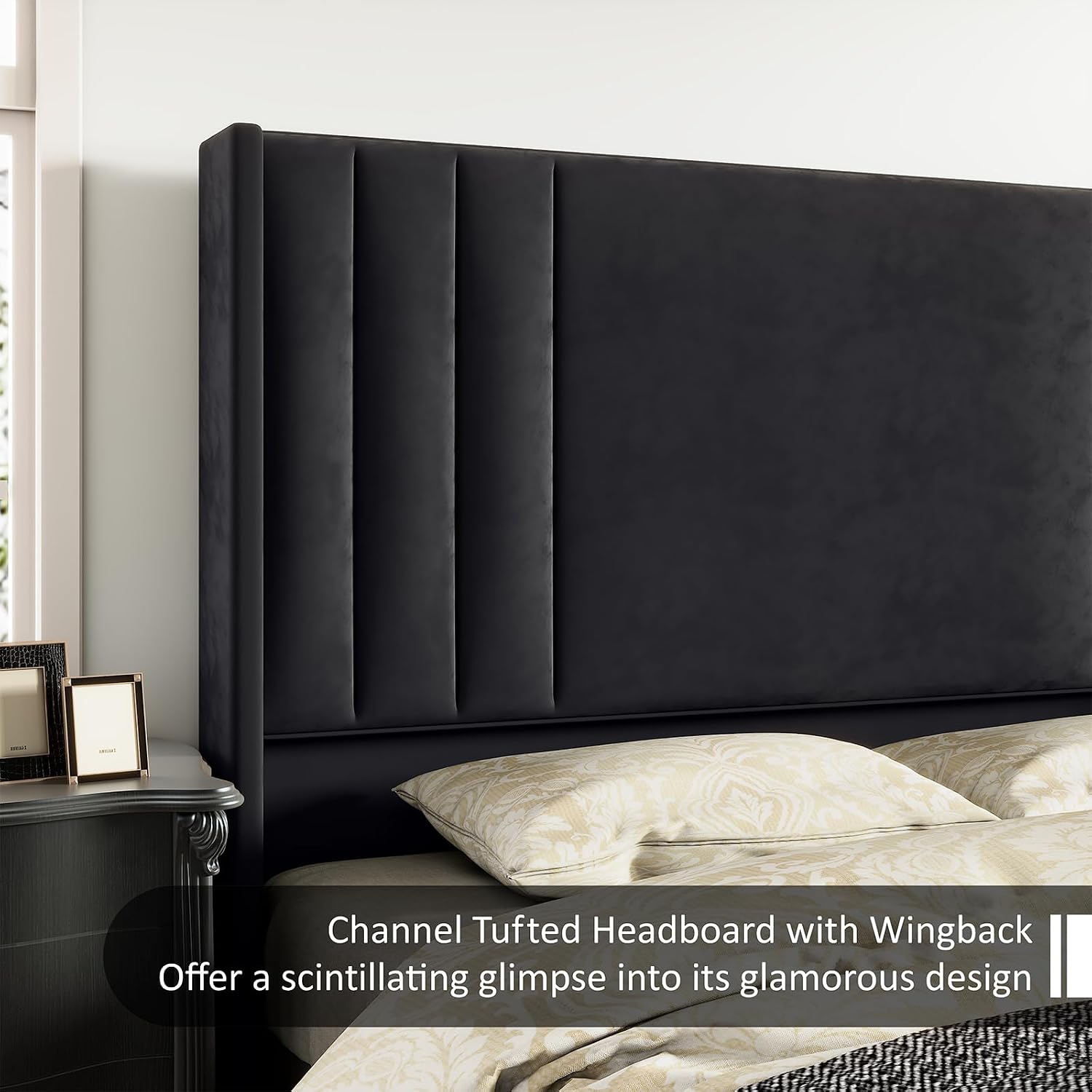 AMERLIFE Queen Size Bed Frame, Velvet Upholstered Platform Bed with Vertical Channel Tufted Headboard & Footboard/Wingback, Mattress Foundation with Wood Slats, No Box Spring Needed, Black