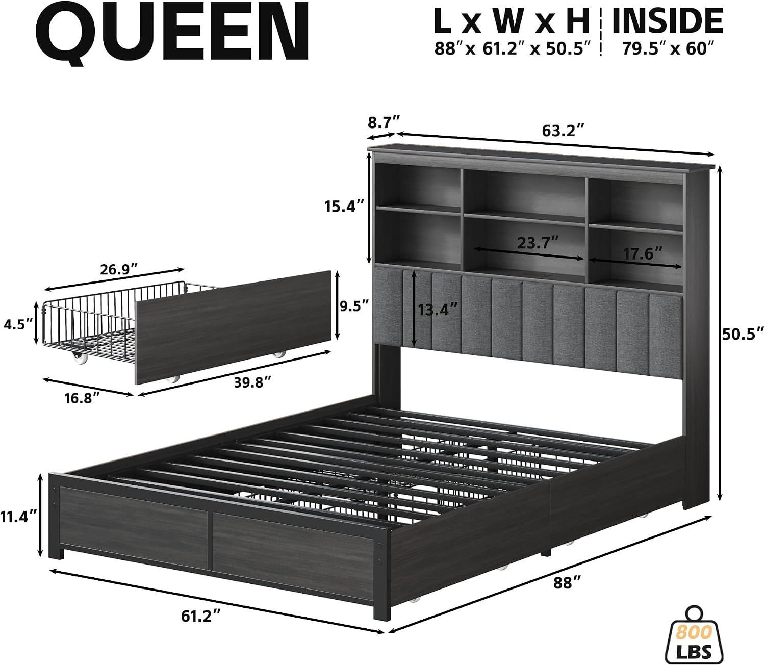 HISOFT Queen Bed Frame with Storage Headboard, Wood Bed with High Storage Bookcase, 4 Drawers & LED & Charging Station,No Box Spring Needed/Noise Free/All-Metal Support, Rustic Grey