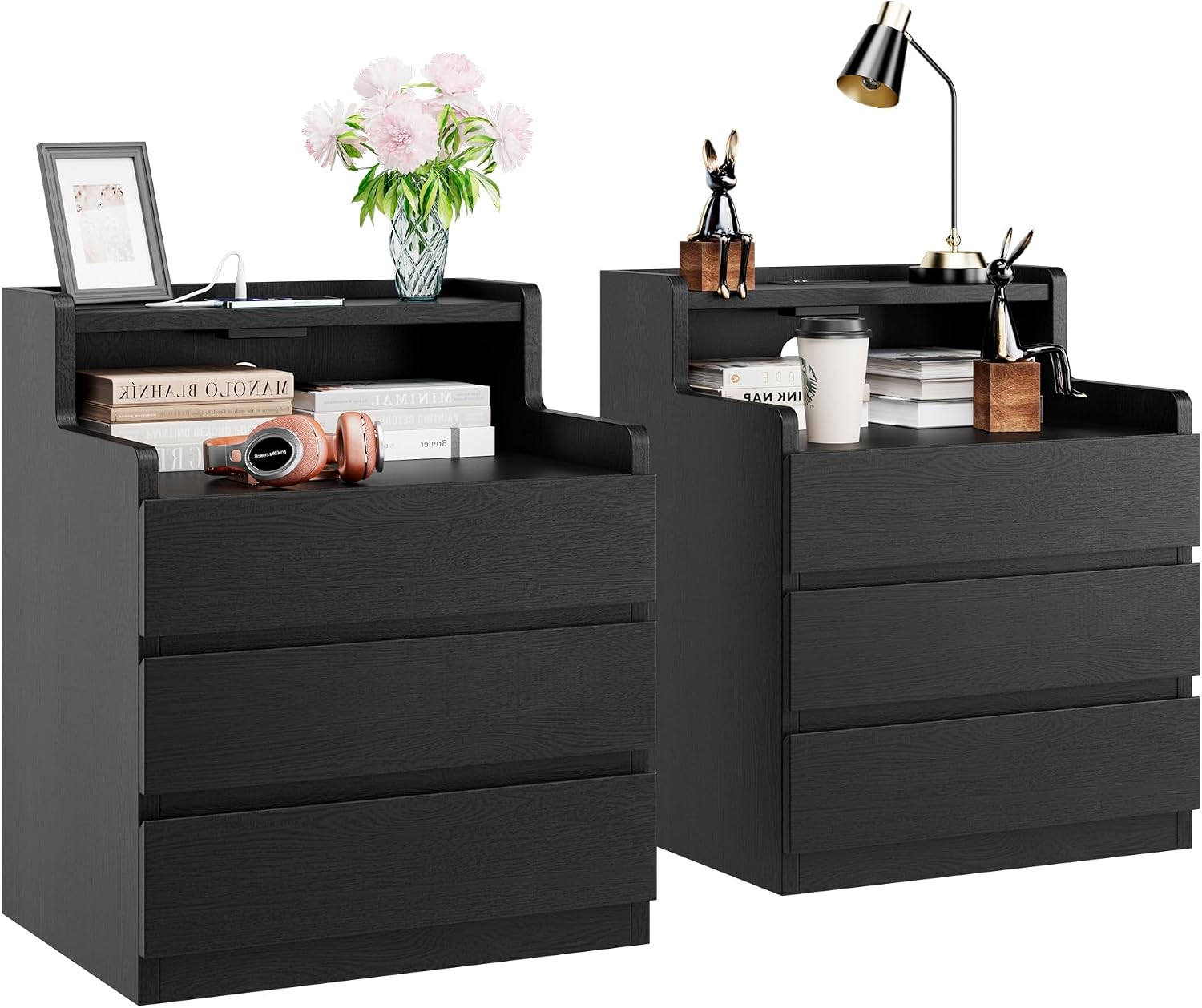 Rresyet Nightstand Set of 2, 26.8' Modern Black End Tables with Drawers & Built-in Charging Station for Bedroom, Upgraded Storage, Handle-Free Design