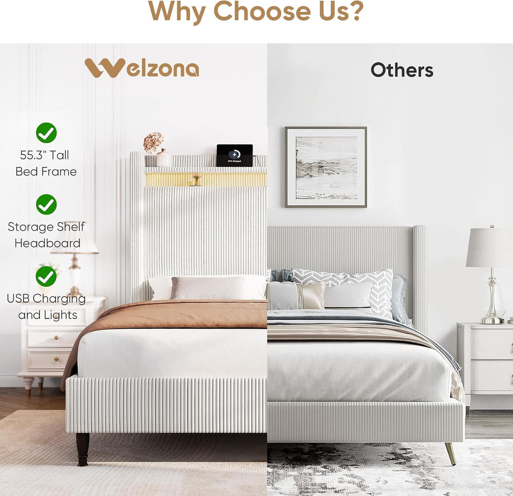Queen Bed Frame with Tall Headboard, 55.3' Upholstered Platform Queen Size Bed Frame, Elegant Corduroy Wingback Bed with LED Lights & Charging Station, No Box Spring Needed, Solid Wood Slats, Cream