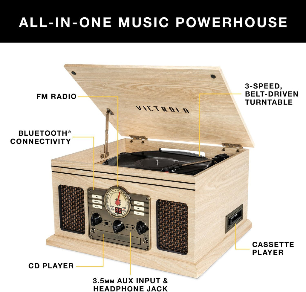 Victrola The Quincy 6-in-1 Bluetooth Record Player & Multimedia Center with Built-in Speakers – 3-Speed Turntable, CD & Cassette Player, FM Radio, Wireless Music Streaming (Grey Wood)