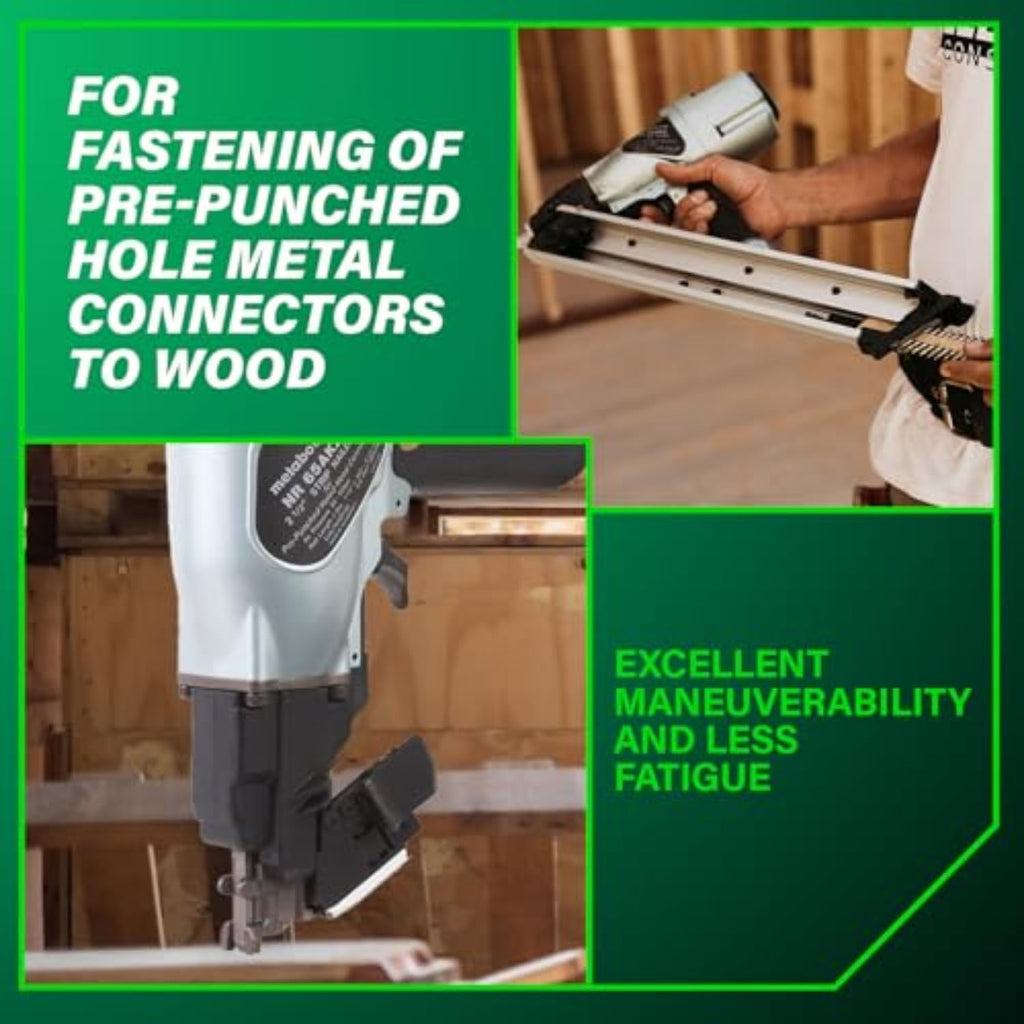 Metabo HPT Strap-Tite Strip Nailer, Pro-Preferred Pneumatic Power Nailers for Metal Connectors, Lightweight 6.4 lbs Fastening Tool, 36° Precision Fastening System, 1-1/2″ to 2-1/2″ Fasteners, NR65AK2