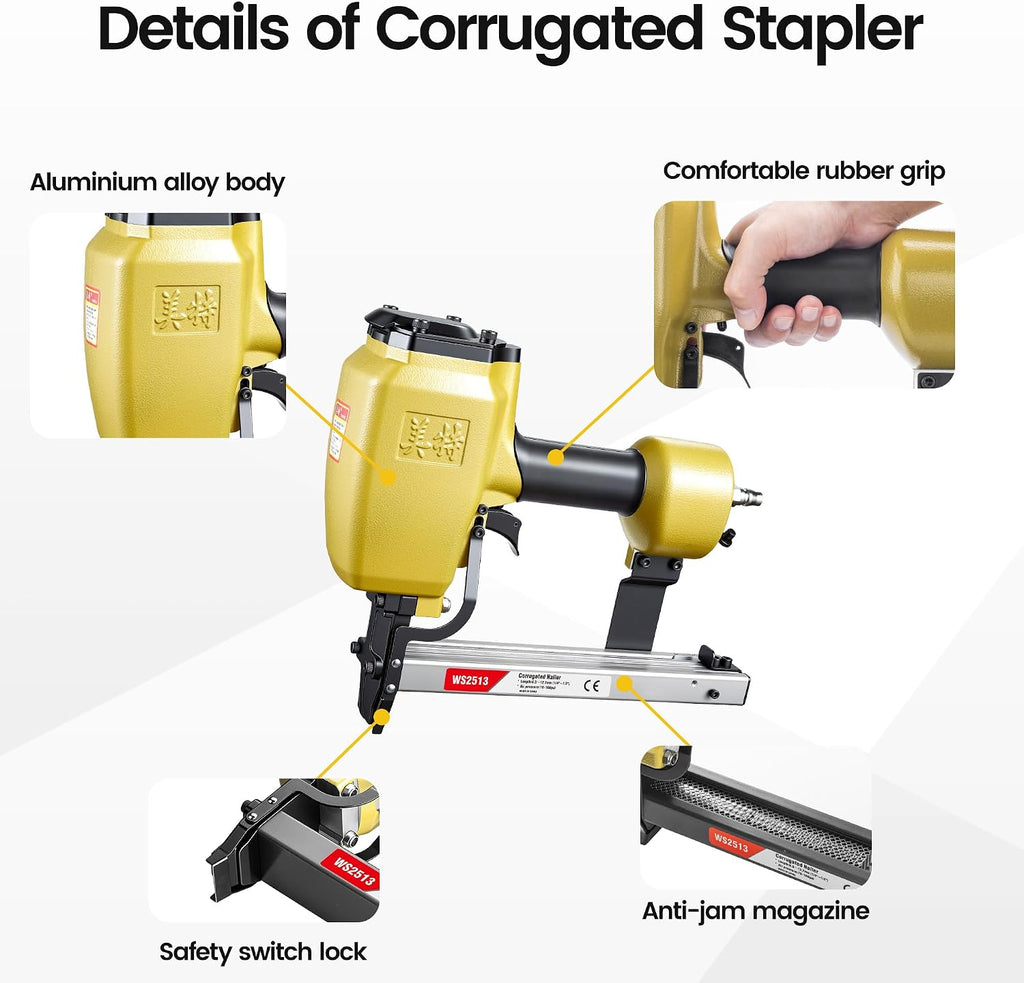 meite Pneumatic Corrugated Stapler, Accepts 25 Gauge 1-Inch Crown (1/4-Inch to 1/2-Inch Length) Corrugated Fasteners, Pneumatic Corrugated Fastening Tool for Woodworking (Model WS2513)