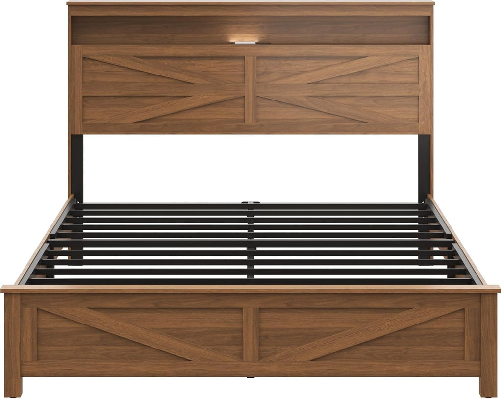 Farmhouse Wooden Bed Frame Queen Size with Storage Headboard, Boho Platform Bedframe with LED Lights and Charging Station, Metal Slats Support, No Box Spring Needed, Deep Brown