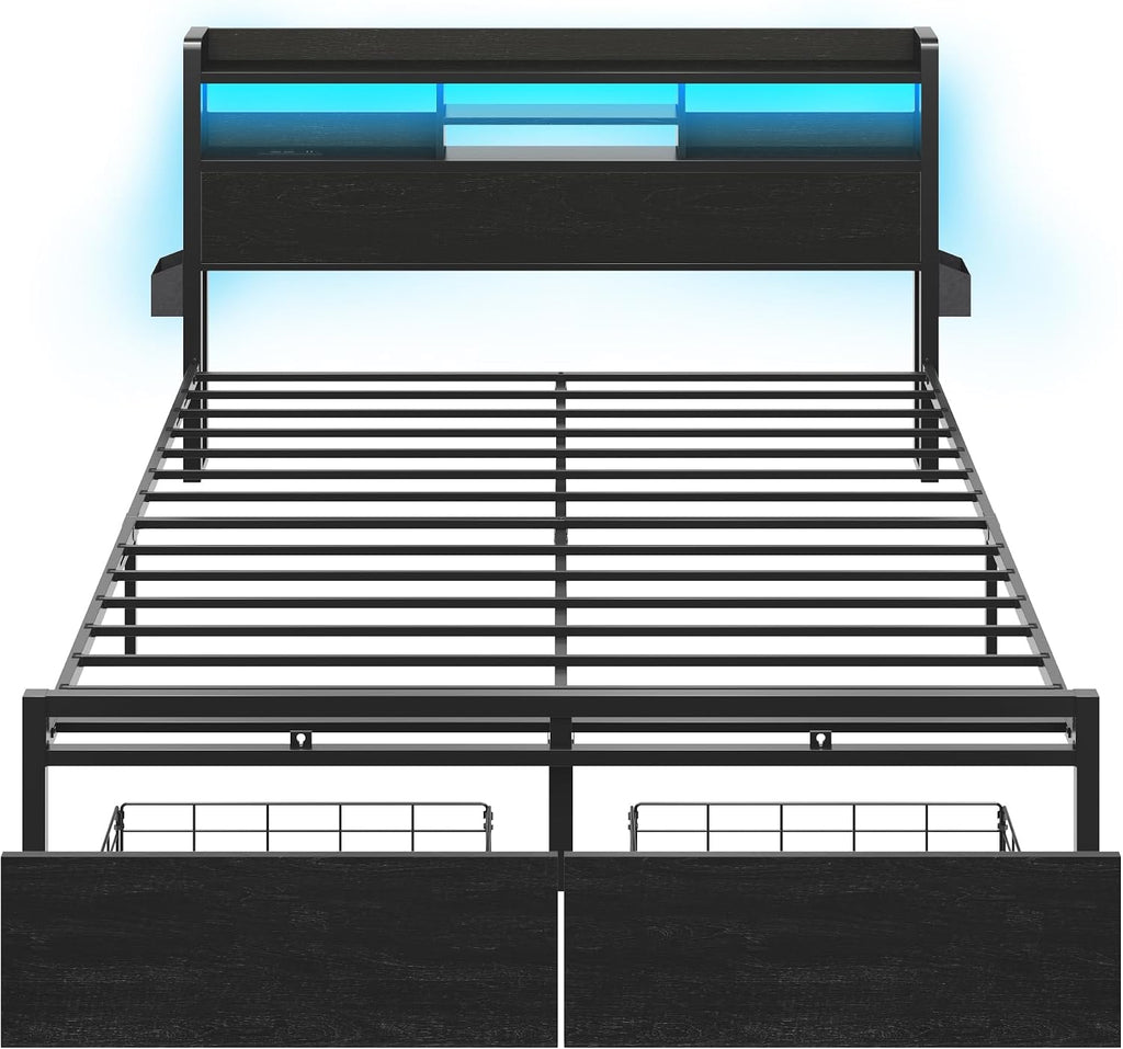 Furnulem King Bed Frame with Wood Headboard & Storage Drawers, Metal Platform Bed Frames King Size with LED Lights, Built in Charging Station, No Box Spring Needed, No Noise, Easy Assembly, Black