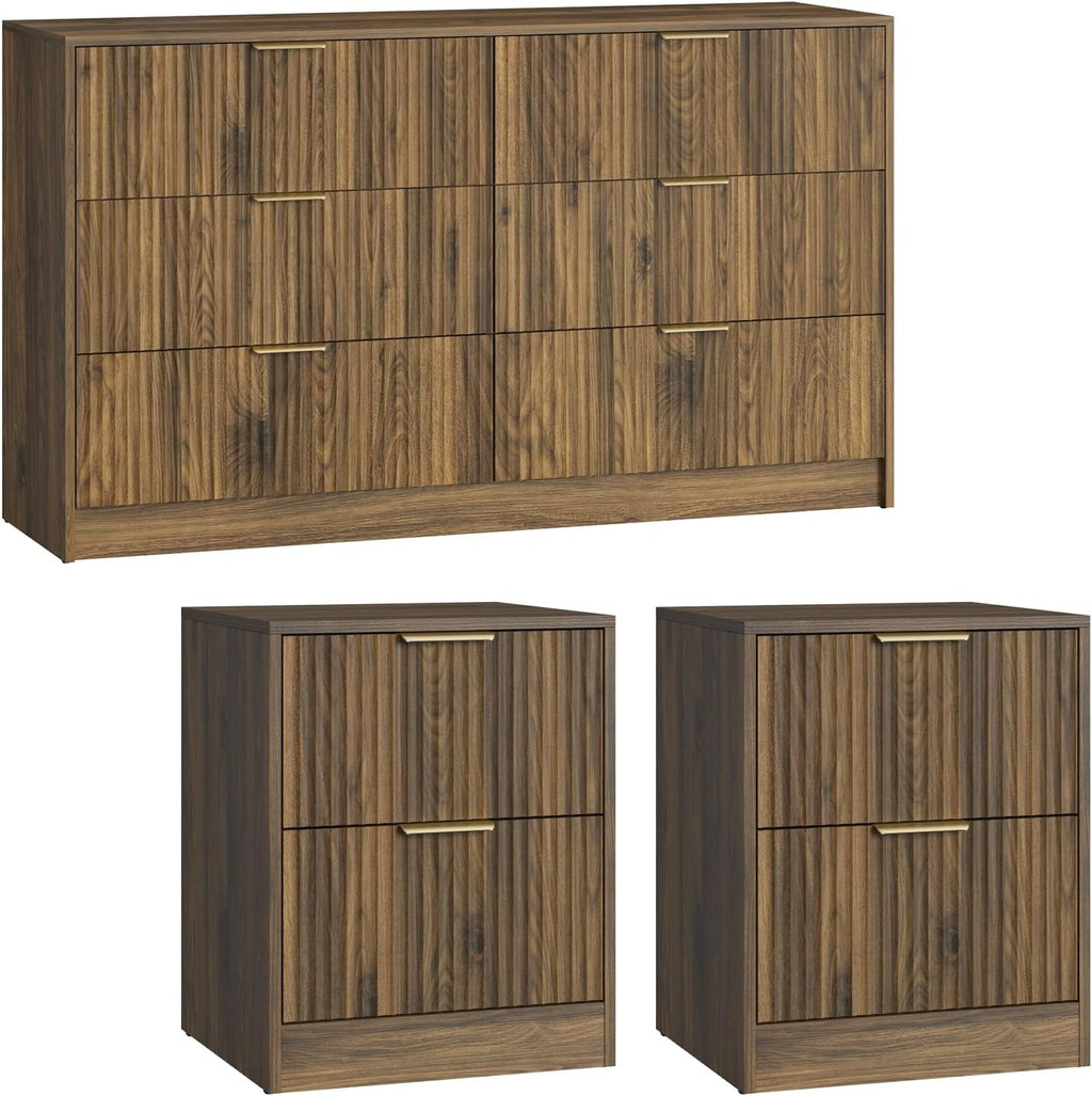 6 Drawer Dresser & Nightstand Set 3-Piece, 55' Wide Fluted Dresser and Night Stand Set of 2 with Metal Handle, Modern Wood Chest of Drawers Storage Dressers Set for Bedroom, Walnut