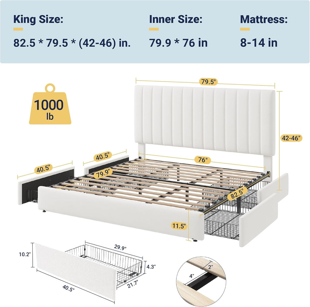 Allewie King Size Storage Bed Frame, Vertical Channel Tufted Adjustable Headboard, Velvet Upholstered Platform Bed with 4 Oversized Underbed Drawers, Wooden Slats Support, No Box Spring Needed, White