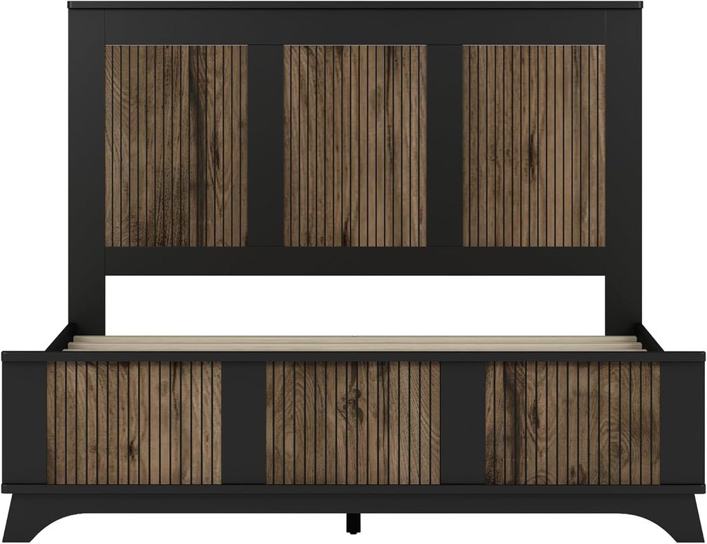 SOFTSEA Farmhouse 4 Piece Queen Size Bedroom Set with Dresser Night Stand, 2 Nightstands and Dresser, Wood Platform Bed with Tall Headboard, Black
