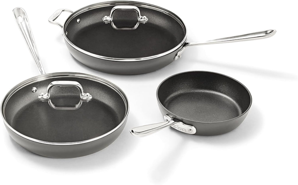 All-Clad HA1 Hard Anodized Nonstick Fry Pan Set – 5-Piece Cookware, 8', 10', 12' Skillets with Lid, Induction Compatible, Oven Safe to 500°F, Lid Safe to 350°F, Black