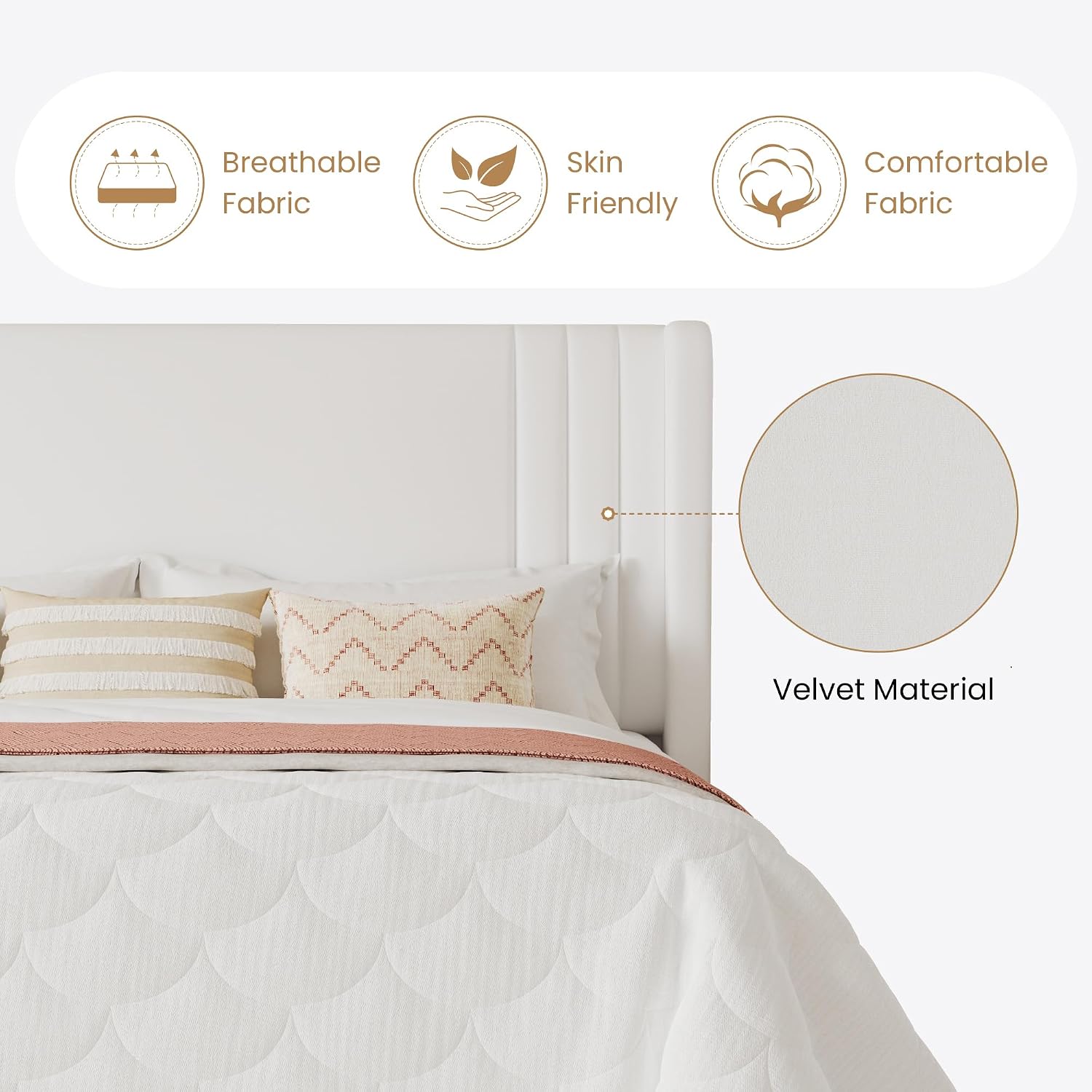 SHA CERLIN Full Size Velvet Upholstered Platform Bed Frame with Vertical Channel Tufted Wingback Headboard, Wooden Slats Support, Easy Assembly, Under Bed Storage, No Box Spring Required, White