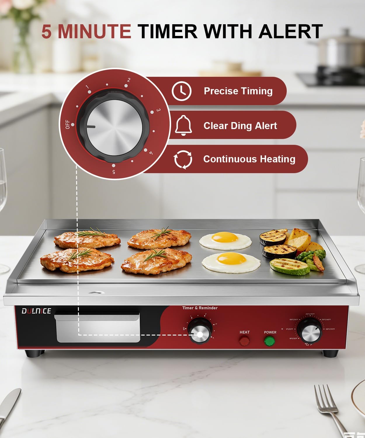 22' Commercial Electric Griddle 1500W, Flat Top Grill with 5-Min Reminder Timer, Adjustable Temp Control (122°F-572°F), Stainless Steel Countertop Griddle for Restaurant & Home Kitchen