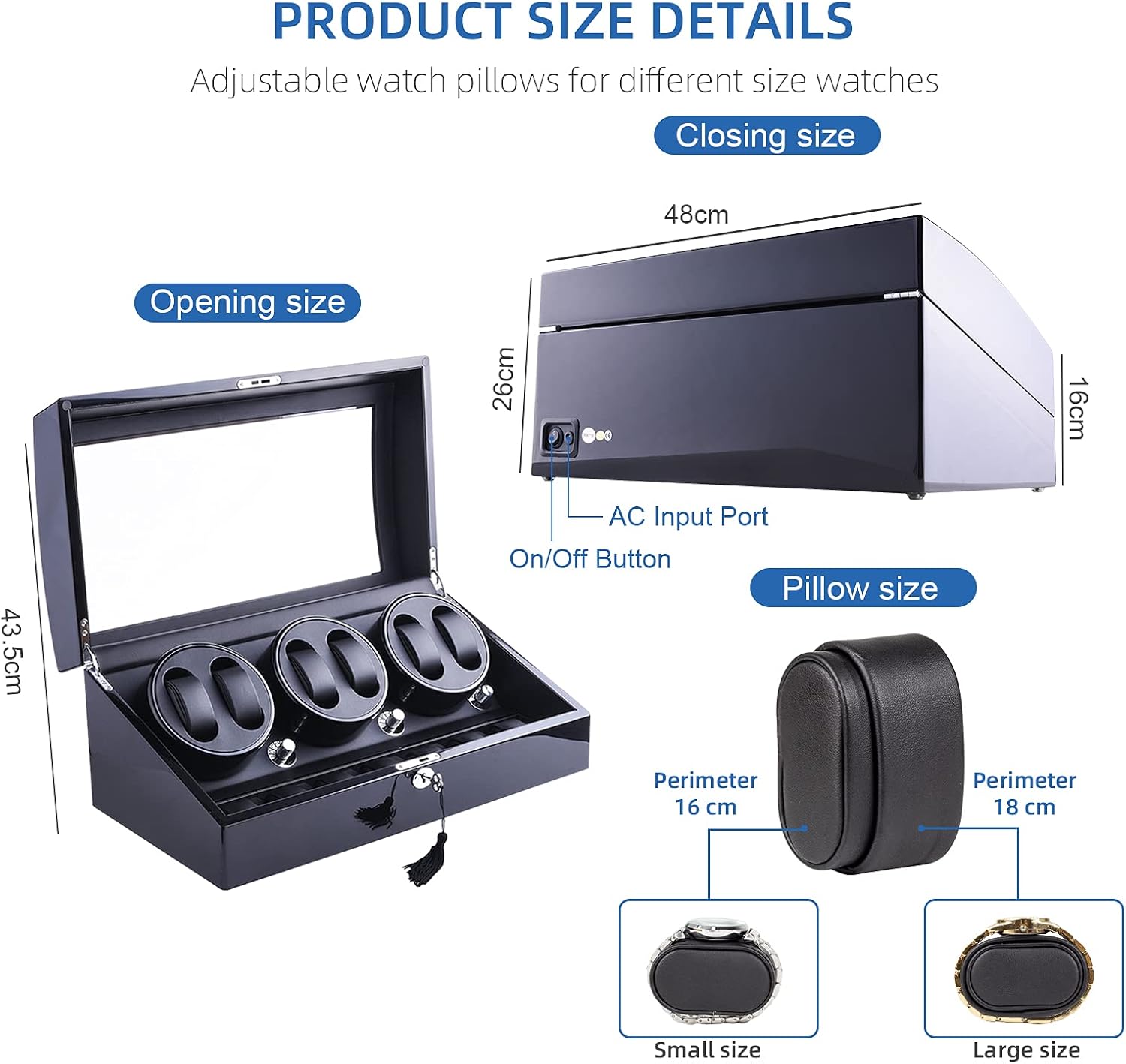 Watch Winder, XTELARY Luxury 3 Motor Quad Watch Winders for Automatic Watches Safe & Wooden Display Box Case 7+8 Storage (Black)