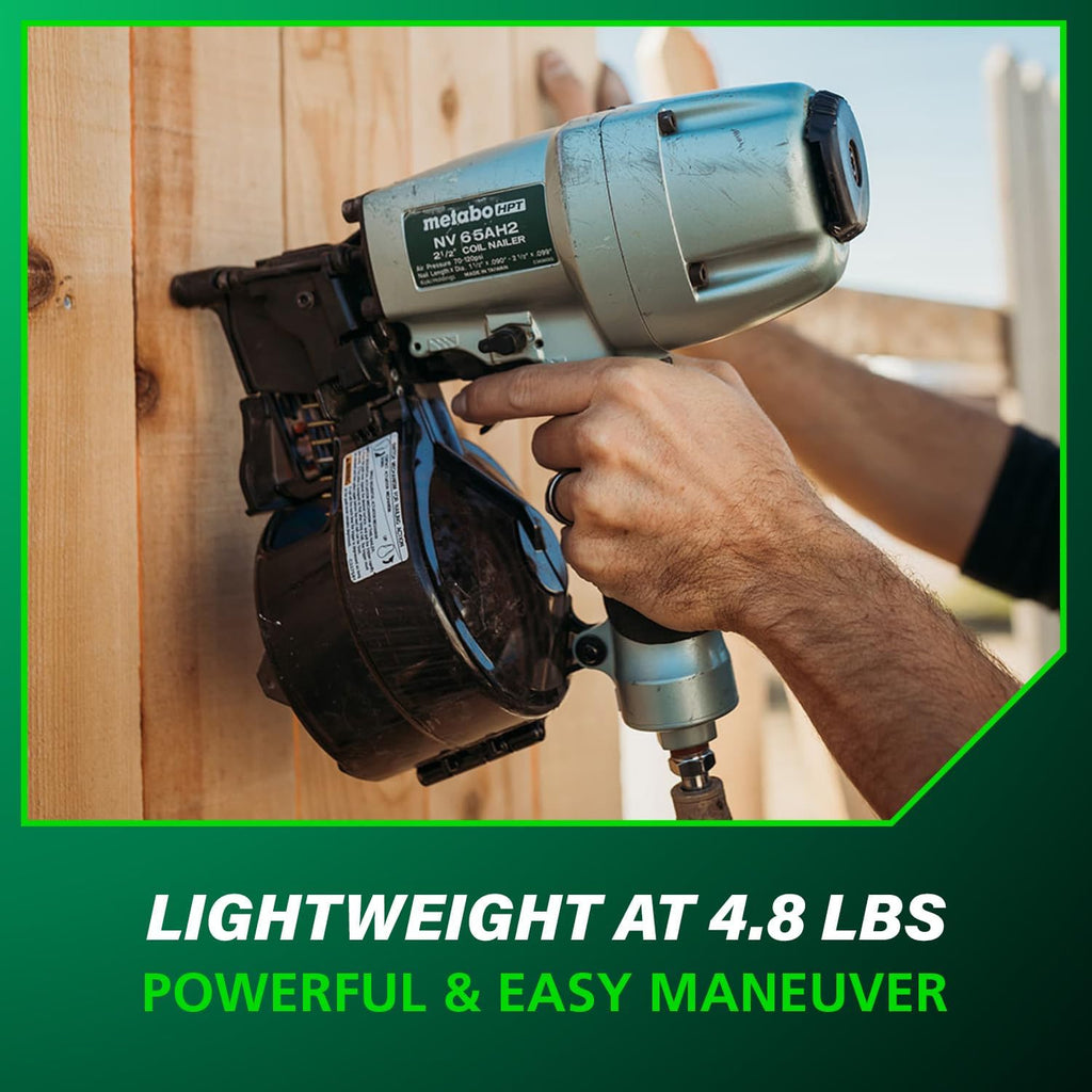 Metabo HPT Coil Siding Nailer, Pro-preferred Pneumatic Power Nailers in Siding Tools, For Sheathing, Decking & Fencing, 15° Plastic Collated Nails and 16° Wire Coil Nails, NV65AH2