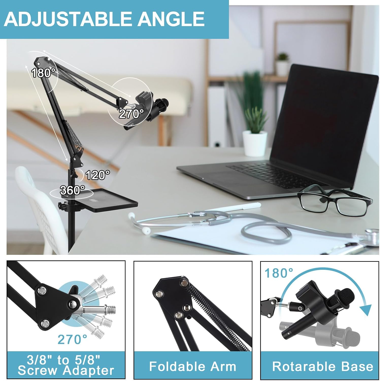 Relaxweex 4 Set Microphone Stands with Weighted Bases Boom Arm Floor Mic Stand with Tray Microphone Clip Carrying Bag 3/8' to 5/8' Screw Adapter and Cable Ties for Singing Stage Wedding Karaoke Band