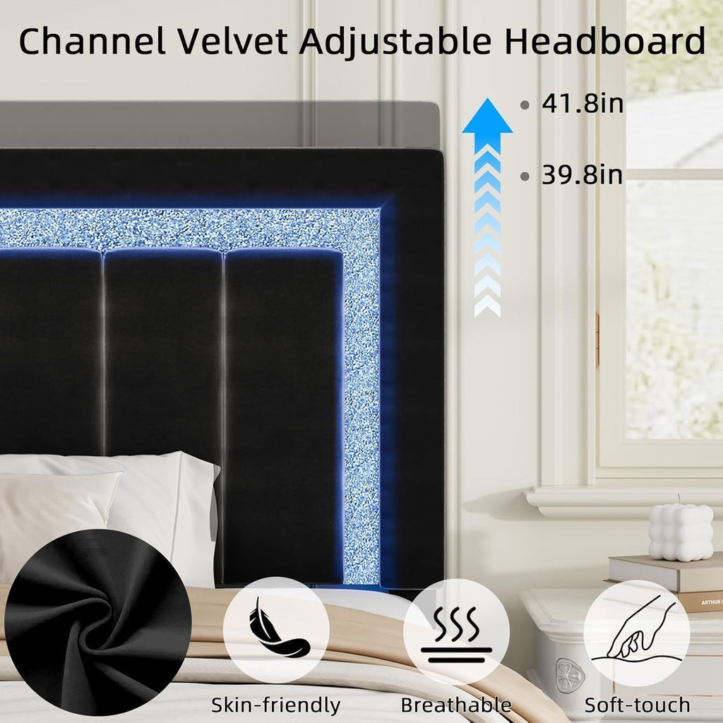 HOMBCK Twin Bed Frame with LED Lights and Velvet Upholstered Adjustable Headboard, Twin Size Bed Frames with Diamond Headboard & Footboard, Wood Slats Support, Noise Free, No Box Spring Needed, Black