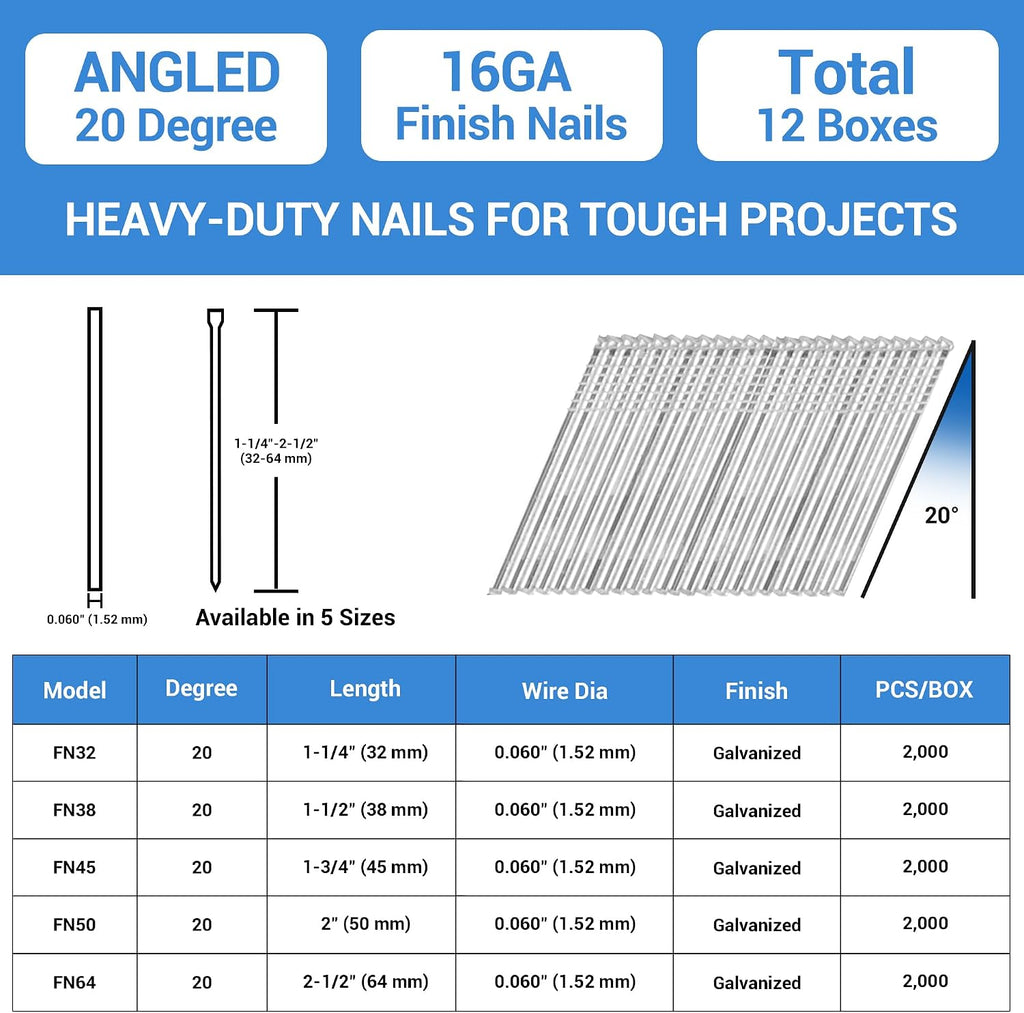 meite 16 Gauge 20 Degree Angled Finish Nails Galvanized No-rust Nails for Finish Nailer Gun, Finish Nails for Cabinet Crown Baseboard Window Trim (10+ Boxes (20,000PCS+), Galvanized Steel, 2' Leg)