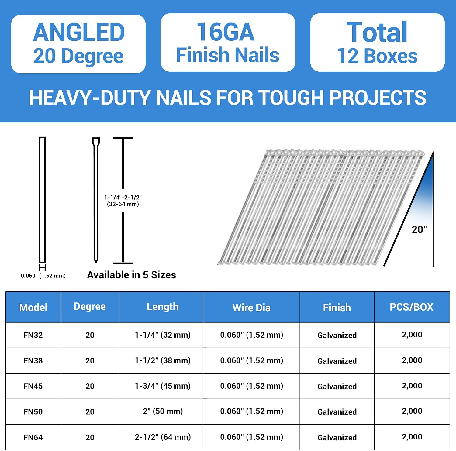 meite 16 Gauge 20 Degree Angled Finish Nails Galvanized No-rust Nails for Finish Nailer Gun, Finish Nails for Cabinet Crown Baseboard Window Trim (10+ Boxes (20,000PCS+), Galvanized Steel, 2' Leg)