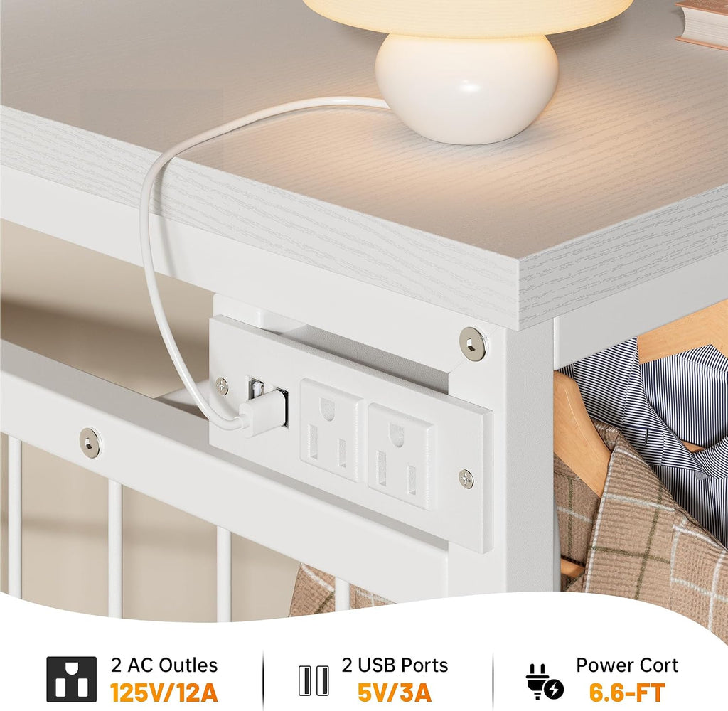 EnHomee 49.2' W Dresser with Hanging Rack & 6 Fabric Drawers for Bedroom, Featuring LED Lights and Charging Station, White Fabric Dressers & Chest of Drawers with Grid Panel & 4 Hooks, Wooden Top