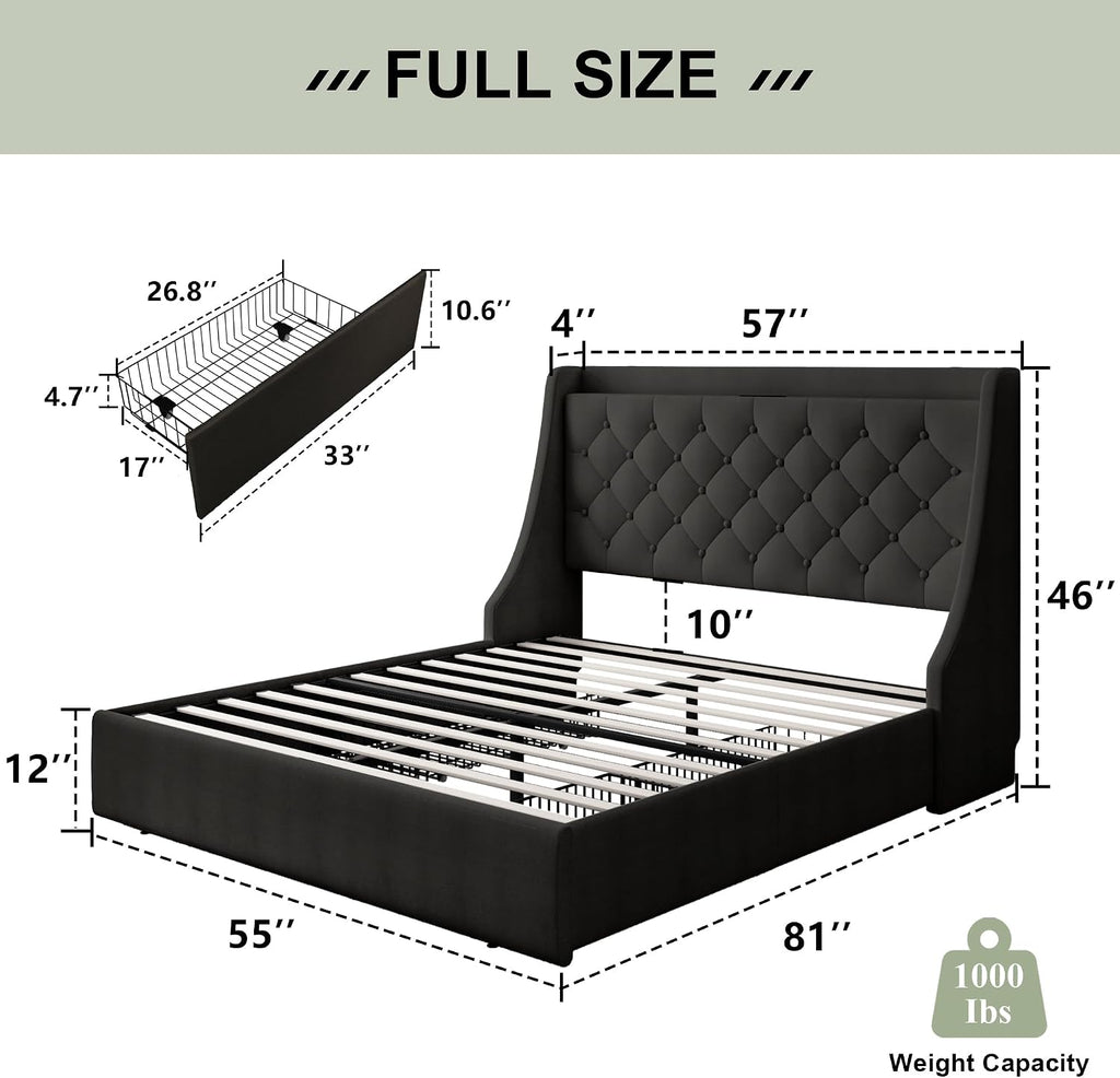 Feonase Upholstered Full Size Bed Frame with 4 Storage Drawers, Large Wingback Storage Headboard, No Box Spring Needed, Black
