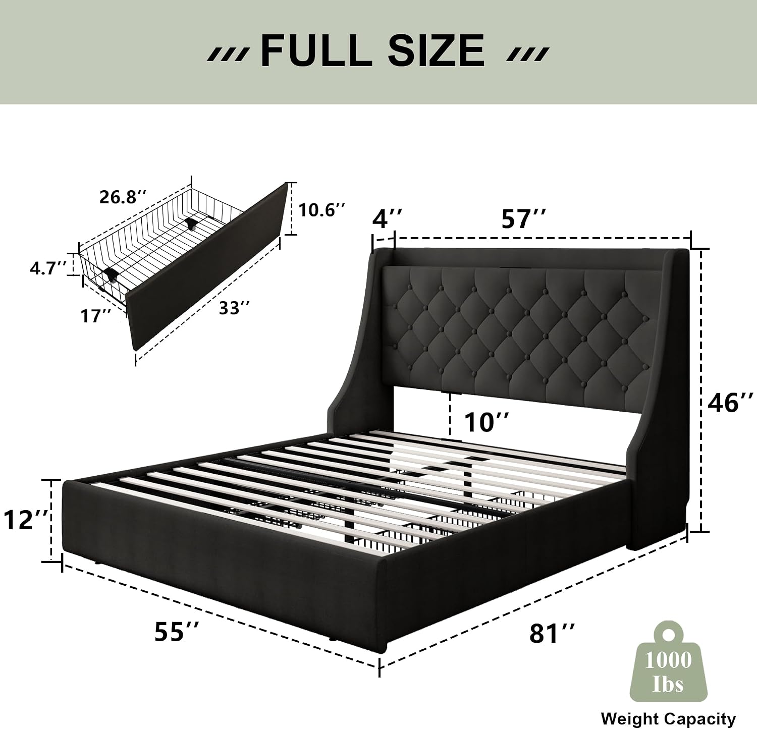 Feonase Upholstered Full Size Bed Frame with 4 Storage Drawers, Large Wingback Storage Headboard, No Box Spring Needed, Black