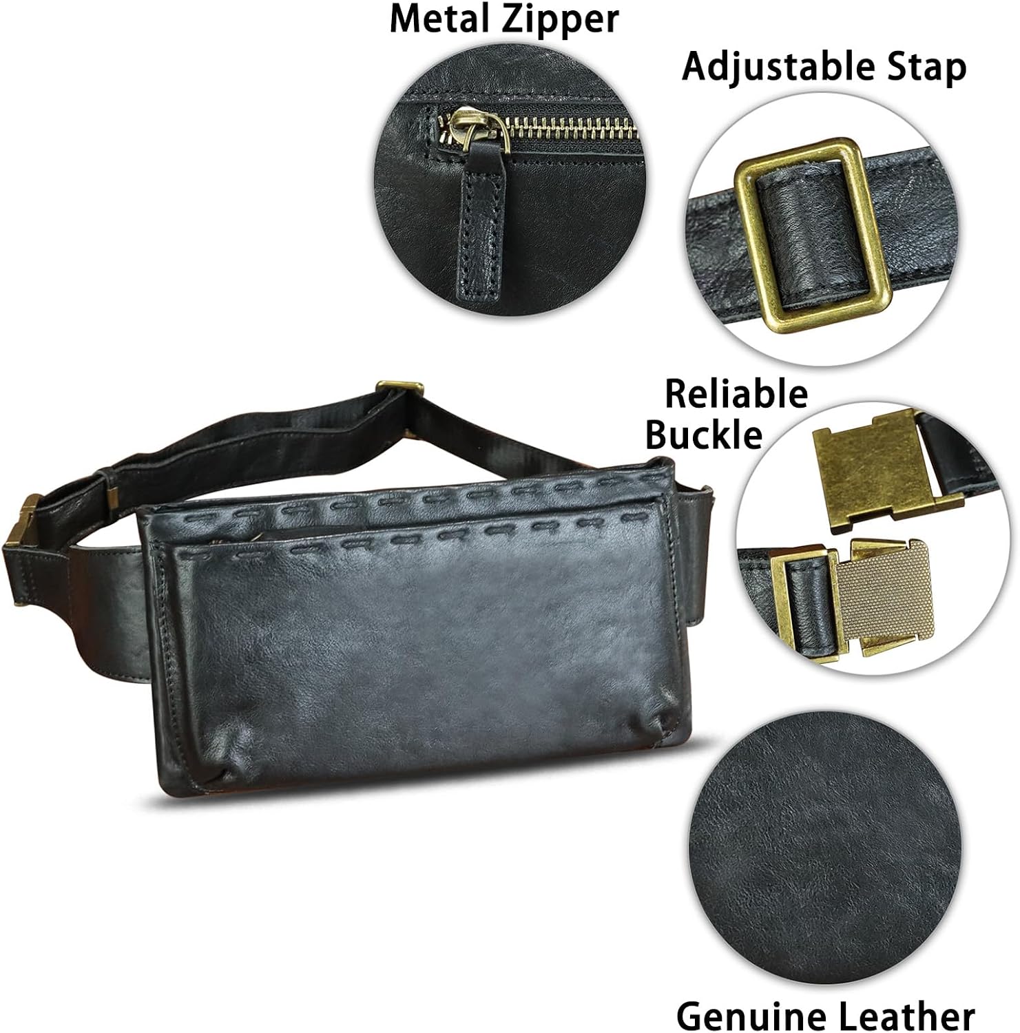 Genuine Leather Waist Bag Fanny Packs Hip Bag for Women and Men Real Leather Small Fanny Bag Sling Bag Crossbody Bags Chest Purses (Black), LRTO-15006(Black)