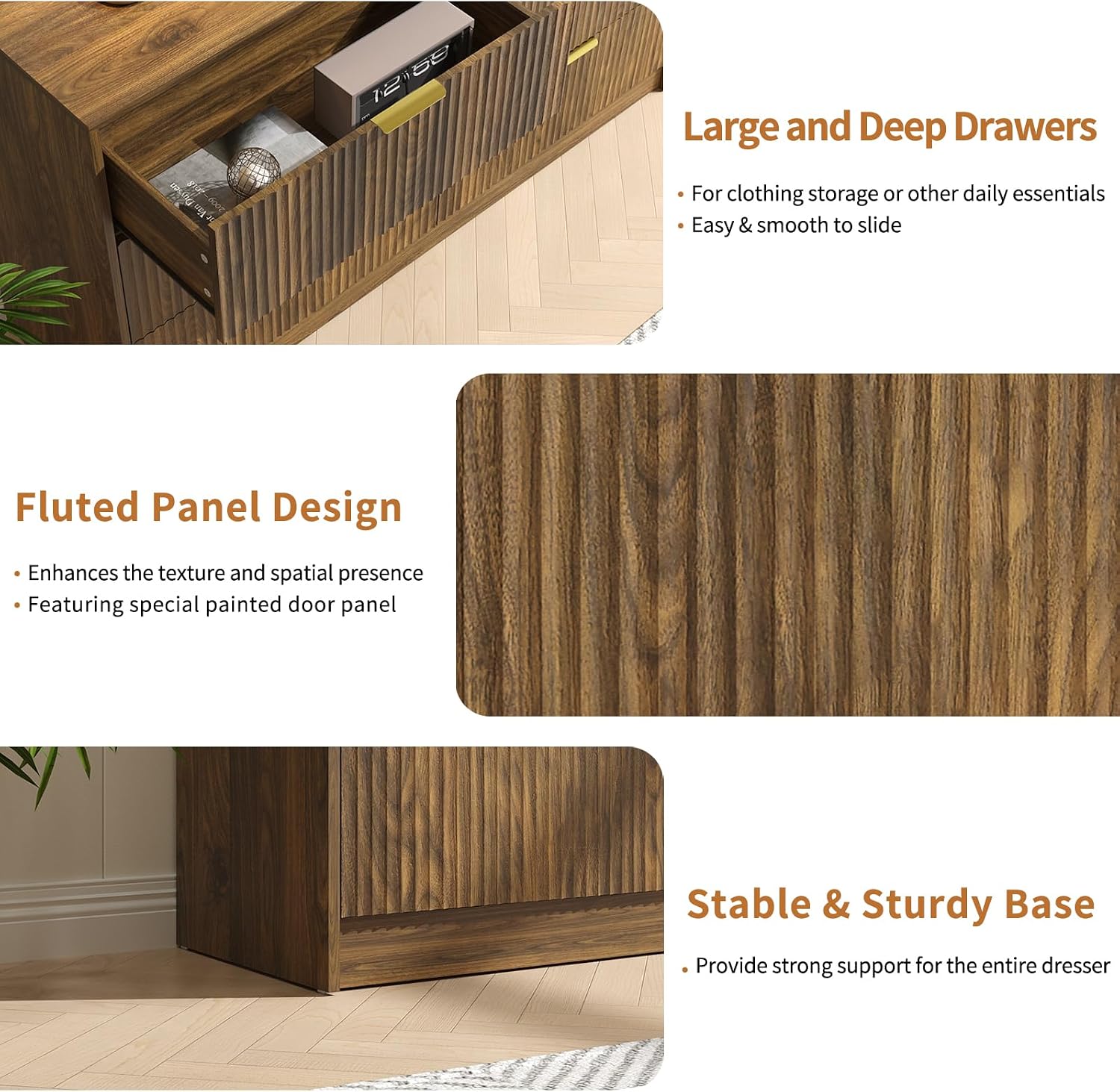 Walnut Dresser Set of 2, Long Dresser for Bedroom Wooden with 12 Drawers, Fluted Modern Bedroom Furniture Set, TV Stand Dressers & Chests of Drawers for Closet (15.7'D x 110.2'W x 31.8'H)
