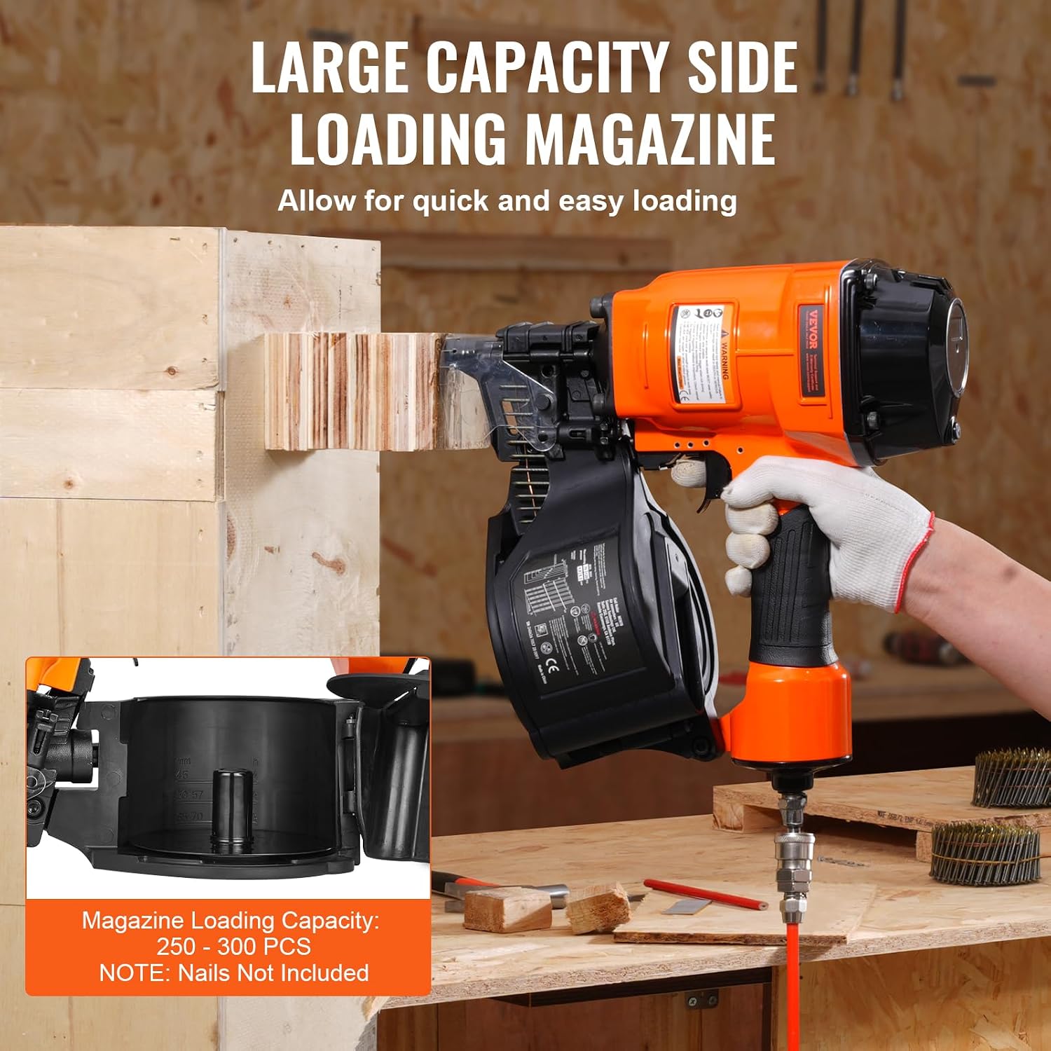 VEVOR Coil Siding Nailer MCN70, 1-3/4' to 2-3/4' 15 Degree Pneumatic Siding Nail Gun, 70-120PSI Air Coil Nailer for Pallet, Crating, Framing, Siding and Fencing