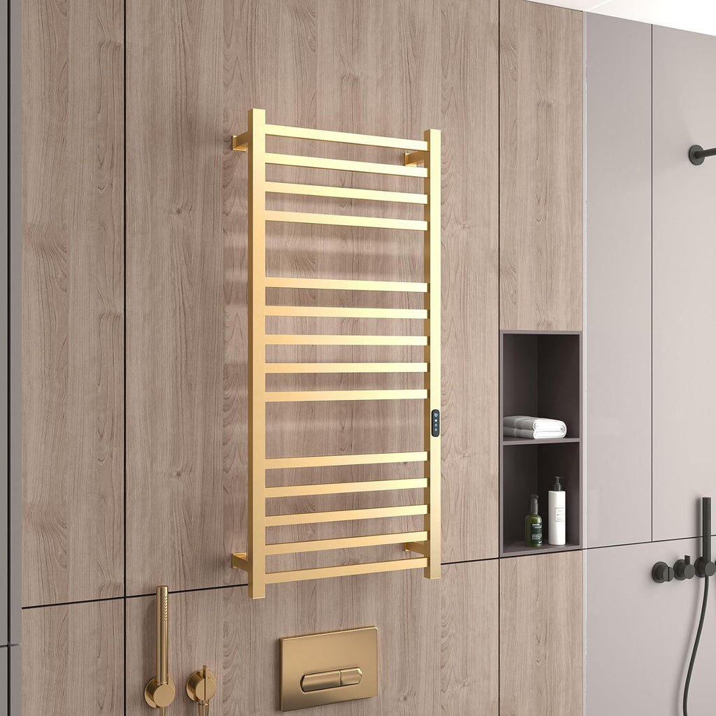 Luxury Heated Towel Rack Wall Mounted Towel Warmers, 14 Bars Towel Warmer Rack for Bathroom with Timer & Temperature Multi-Level Adjustable, Hardwired and Plug-in Compatible (Brushed Gold)