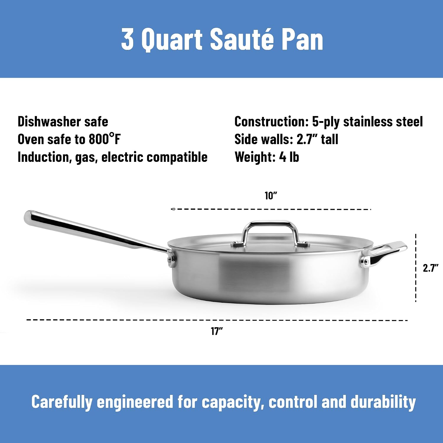Misen 5-Ply Stainless Steel Sauté Pan with Lid - Versatile, Durable, Dishwasher and Oven Safe - Even Heating, Ergonoic Stay-Cool Handle - For Searing, Braising, and More - 3 QT