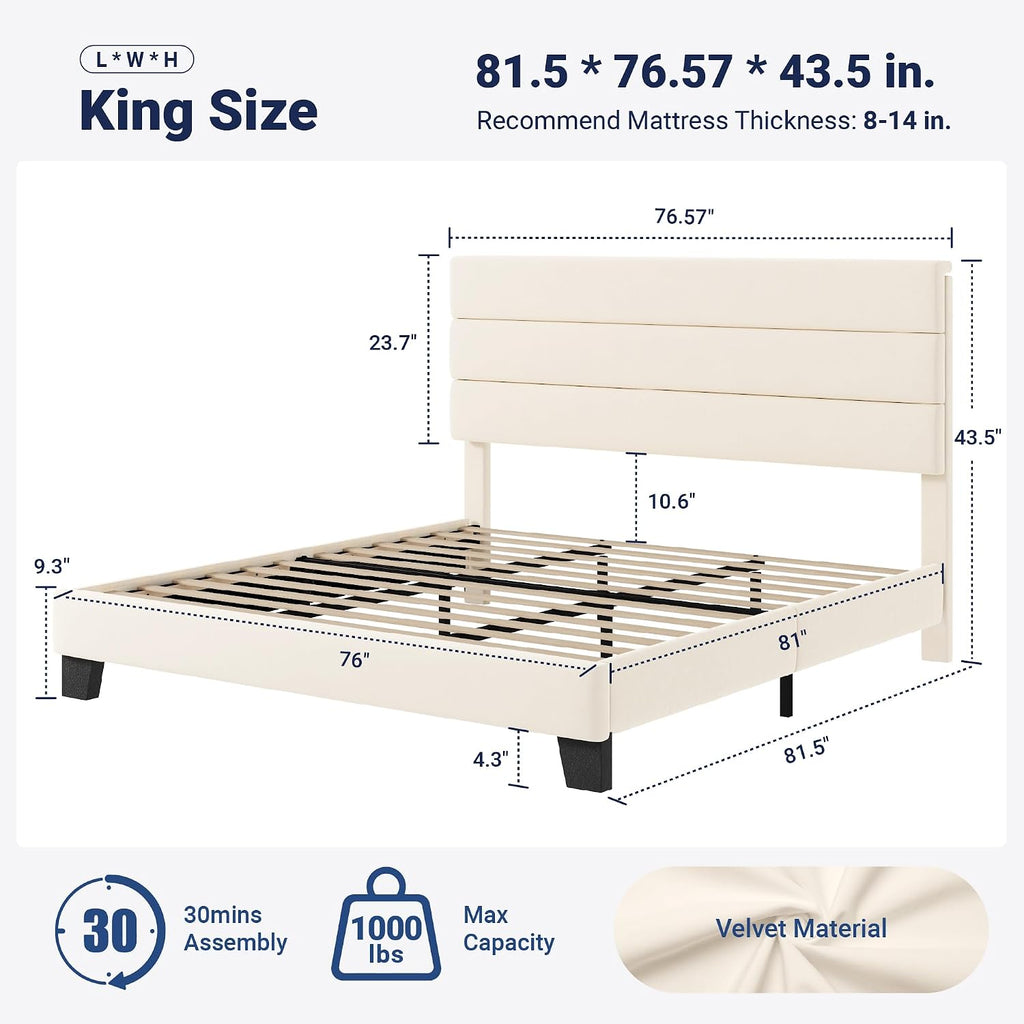 Allewie King Size Platform Bed Frame with Velvet Upholstered Headboard and Wooden Slats Support, Fully Upholstered Mattress Foundation/No Box Spring Needed/Easy Assembly, Cream