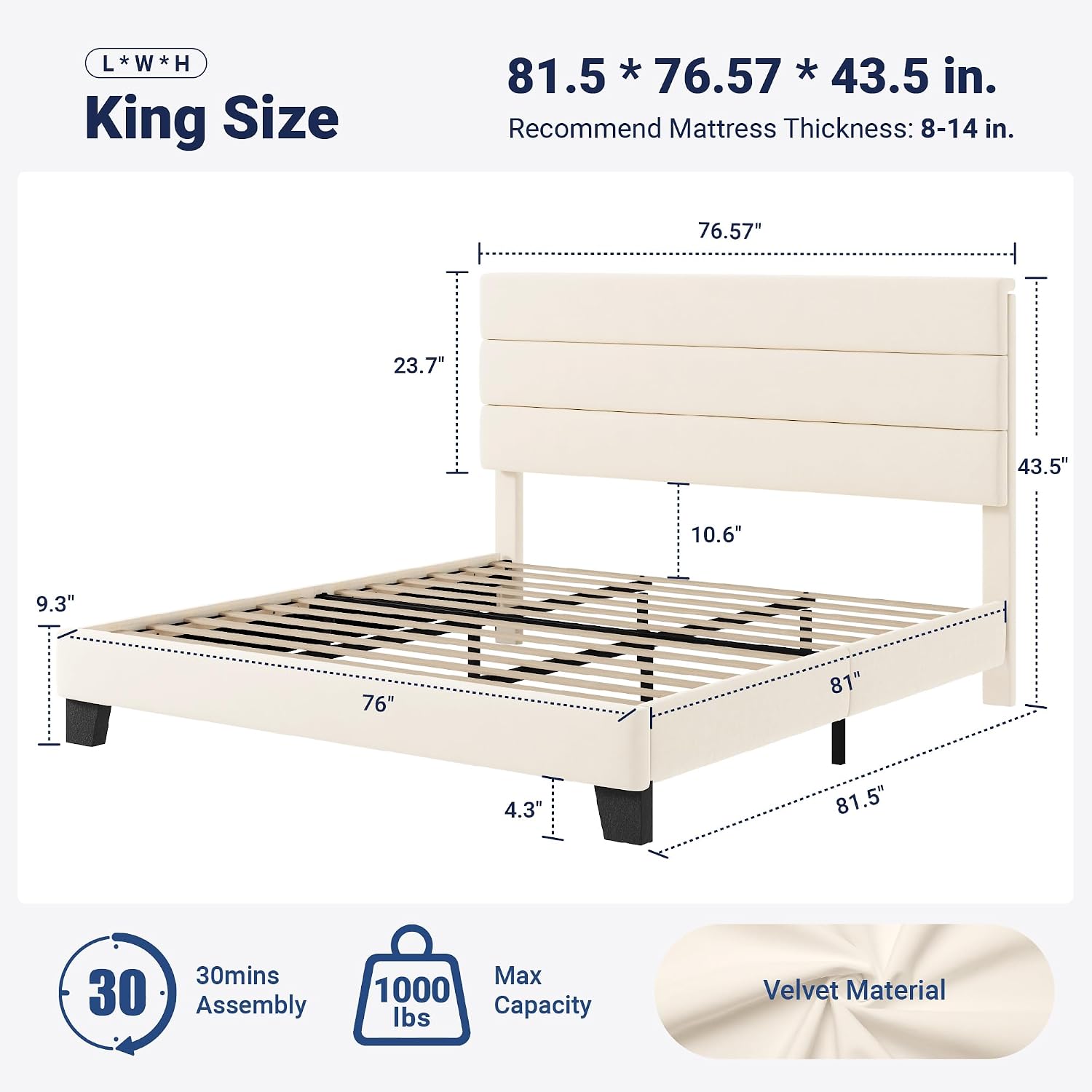 Allewie King Size Platform Bed Frame with Velvet Upholstered Headboard and Wooden Slats Support, Fully Upholstered Mattress Foundation/No Box Spring Needed/Easy Assembly, Cream