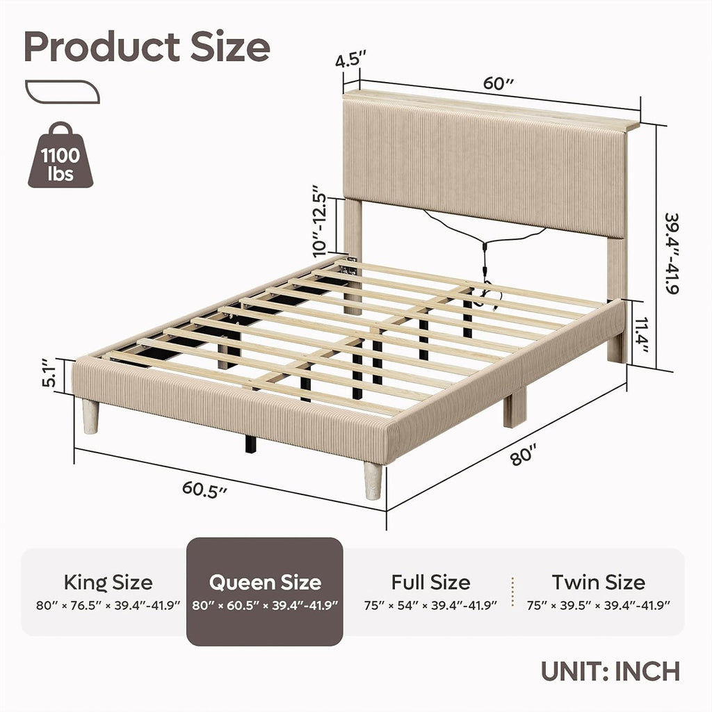 Bestier Queen Bed Frame with Adjustable Headboard & LEDLighting, Corduroy Upholstered Platform Bed Frame withStorage Shelf, Solid Wood Slats, No Box Spring Needed,Never Squeak, Easy Assembly, Taupe