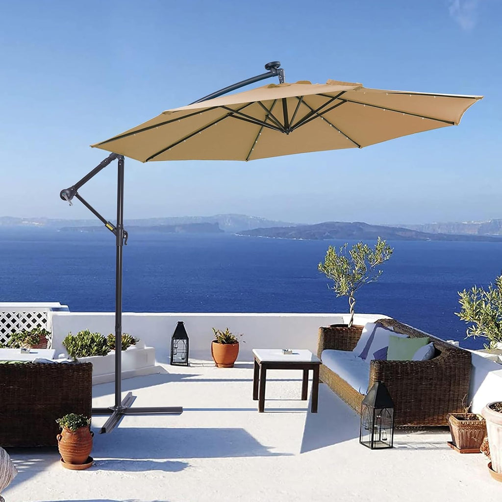 10FT Solar Powered Patio Umbrella, Market Table Umbrella with 24 LED Lights & 8 Sturdy Ribs, Cantilever Patio Umbrella with base, Offset Umbrella for Garden Lawn Deck Backyard Pool