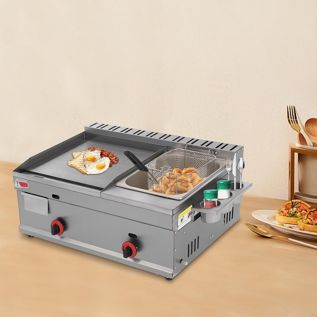 Commercial Flat Top Grill and 6L Deep Fryer Combo, Gas Nonstick Griddle, Countertop Stainless Steel Griddle and Deep Fryer with Basket for French Fry Restaurants Fast Food Stands