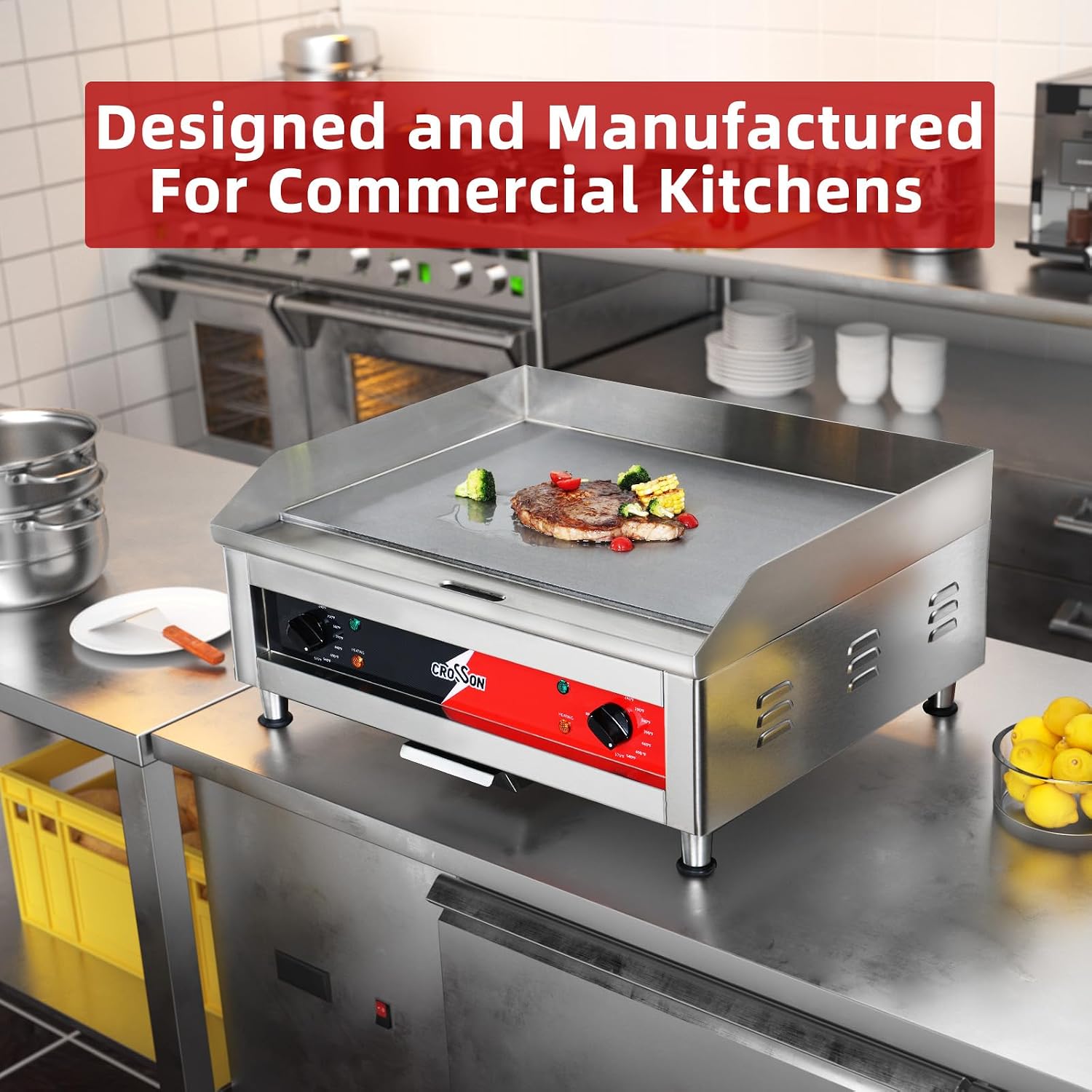 CROSSON ETL Listed 24'*16' Commercial Electric Countertop Griddle,Flat Top Heavy Duty Griddles with Non-Stick 2/5' Thick Iron Cooking Plate for Restaurant use-120V/3500W,Spatula Bonuses