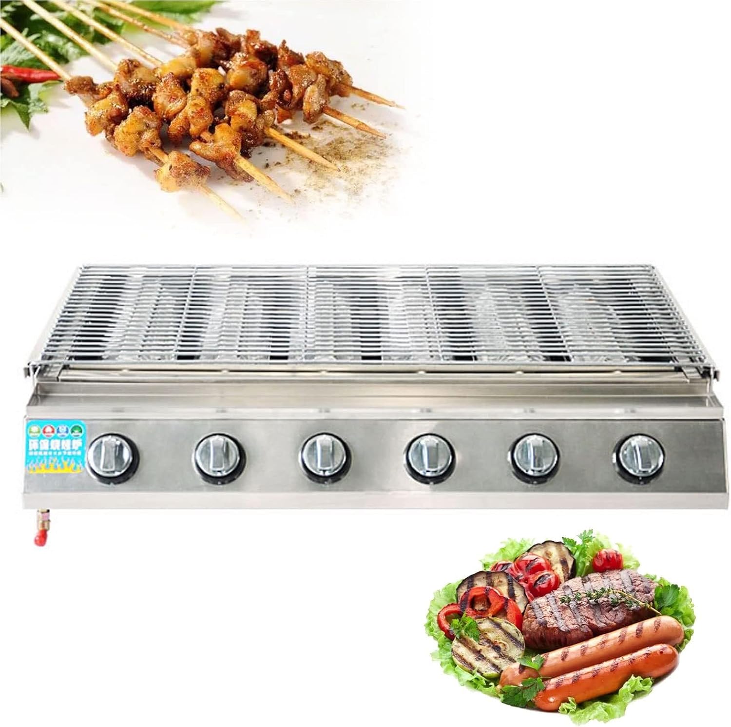 Portable Table Top Gas Grill, 6-Burner Propane Griddle, Gas Stove Cooking Grill, Outdoor Grill with Fat Catcher, Tabletop Burner for Indoor/Outdoor Backpacking Picnic BBQ Camping Picnics,Silver(Silver