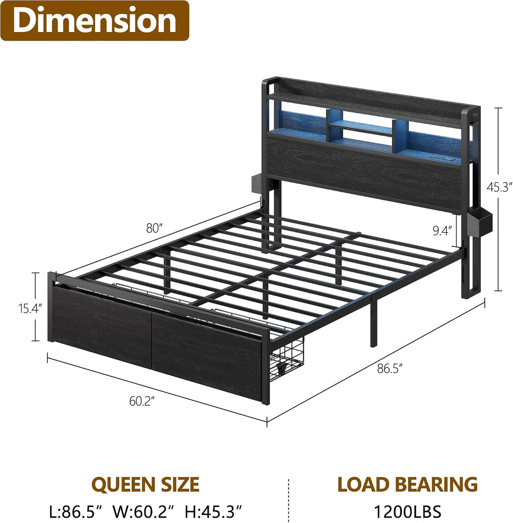 Furnulem Queen Bed Frame with Wood Headboard and Storage Shelf, Metal Platform Bed Frame Queen Size with Storage Drawers, LED Lights and Charging Station, No Box Spring Needed, Noise Free, Black