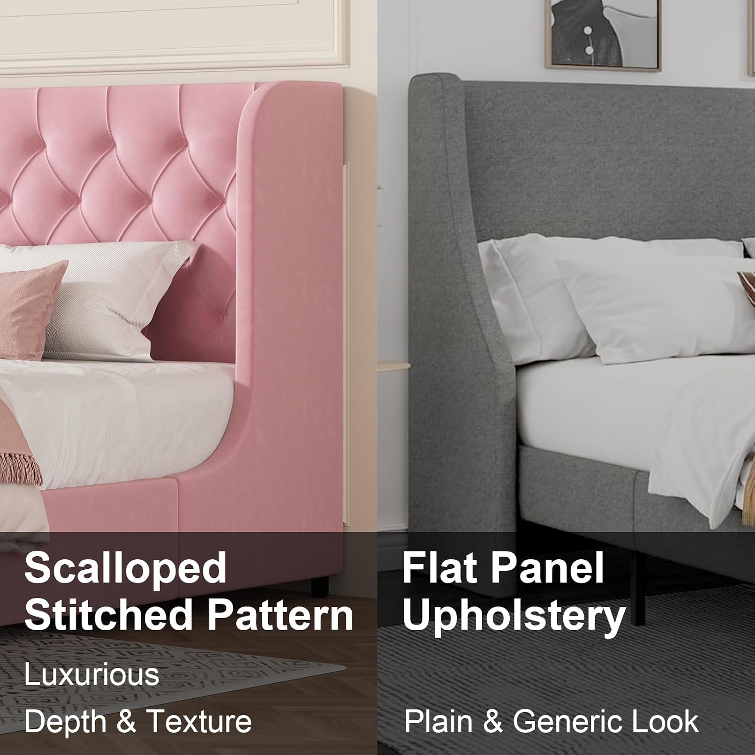 HOMBCK PIink Full Size Bed Frame, Velvet Upholstered Bed Frame Full with Headboard and Wide Wingback, Sturdy Wooden Slats Support, No Box Spring Needed, Noise Free, Easy Assembly, Pink