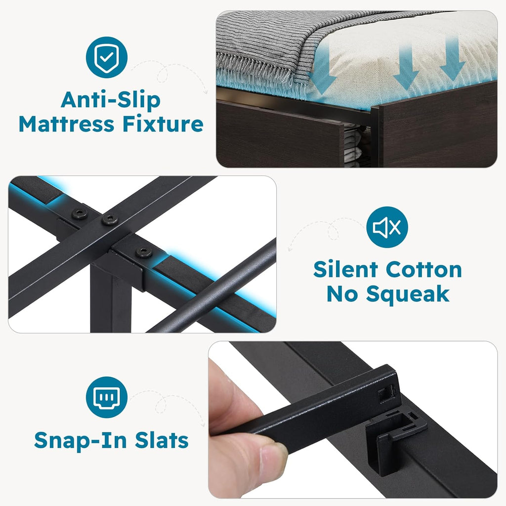 Kiivakii Full Size Bed Frame with Headboard, LED Platform Bed with 4 Storage Drawers, Built in Charging Station, Noise-Free, Metal Support Base, No Box Spring Needed, Black