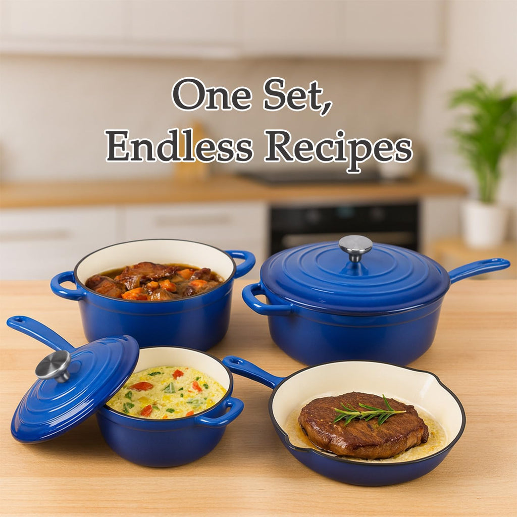 QuliMetal Nonstick Enameled Cast Iron Cookware Set, 4-Pcs Pots and Pans with Lid, Healthy Round Dutch Oven Pot for Sourdough Bread Baking, Oven Safe up to 500° F or on All Stovetop