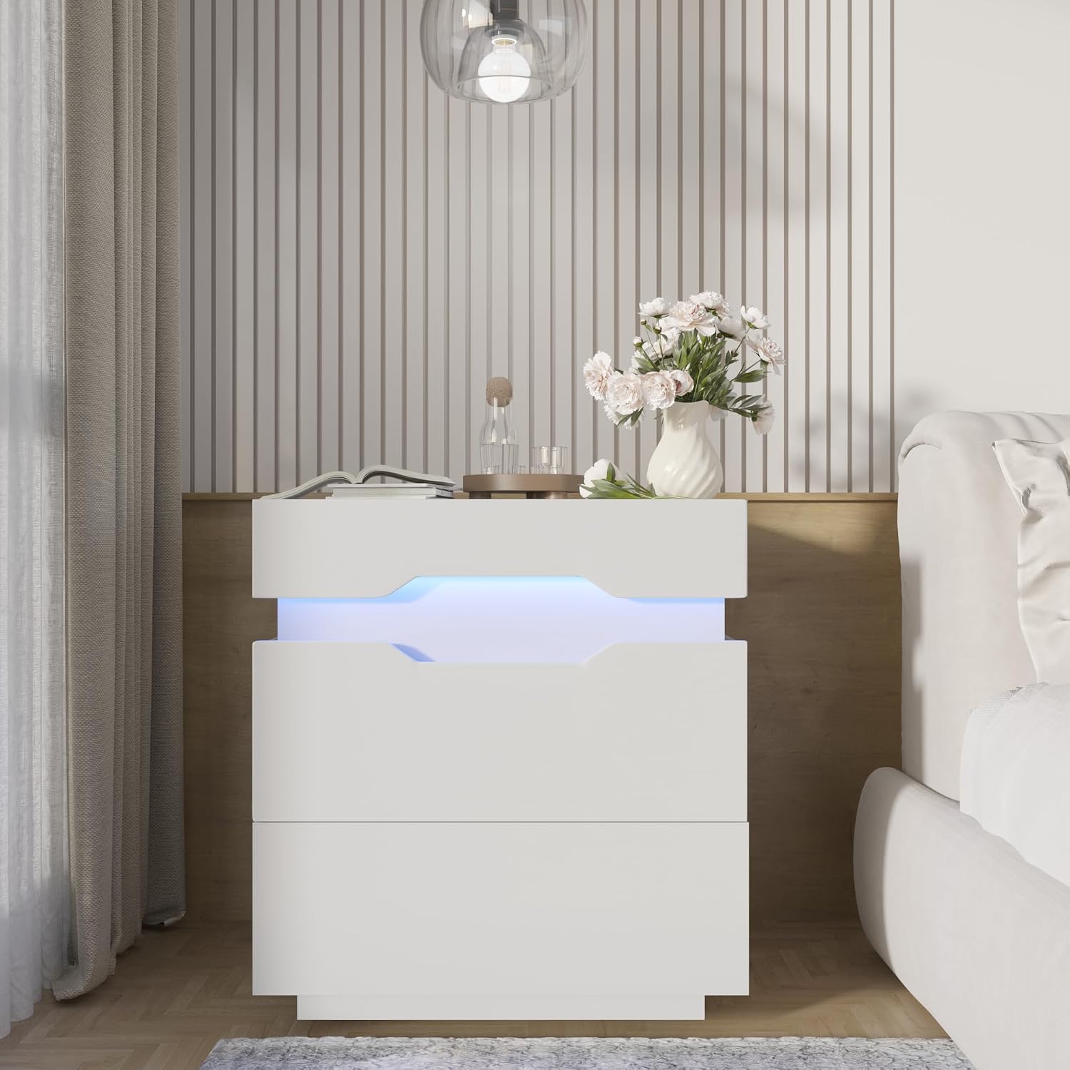 YESHOMY Nightstand with LED Light and Charging Station, Endtable with 2 Drawers, Bedside Table with Large Capacity, for Bedroom, Set of 2, 21.2' Height, White