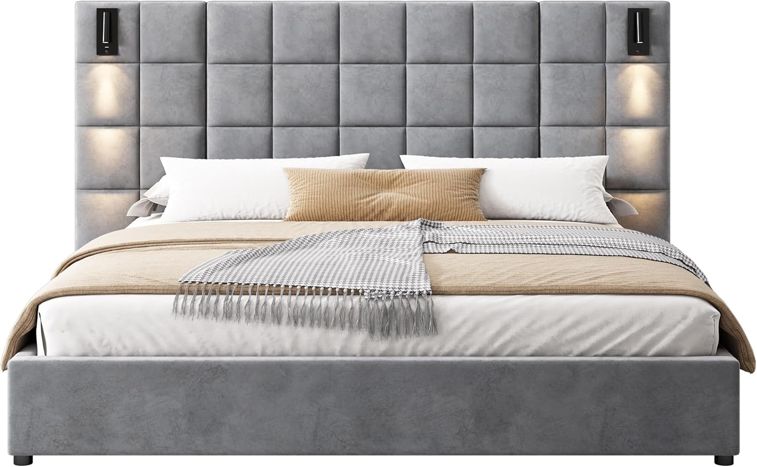 Christopher Knight Home Svens 46' High Headboard Bed, King Size Platform Bed Frame, Soft Velvet Bed Frame, King Size Headboard, Square Pattern Design with Reading Lamps and USB Ports, Grey
